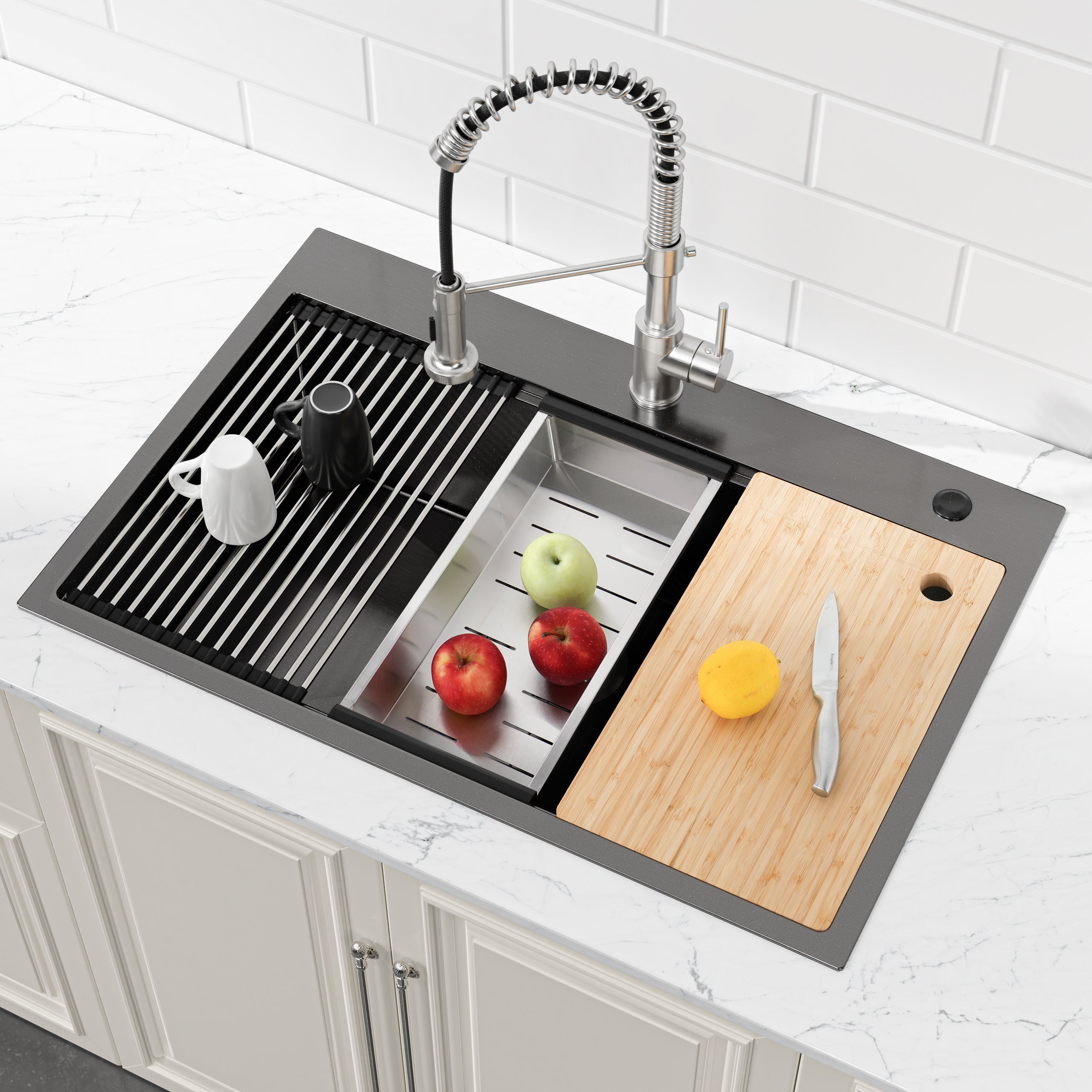 30" x 22" Drop-In Single Bowl Workstation Sink, 16 Gauge Black Stainless Steel