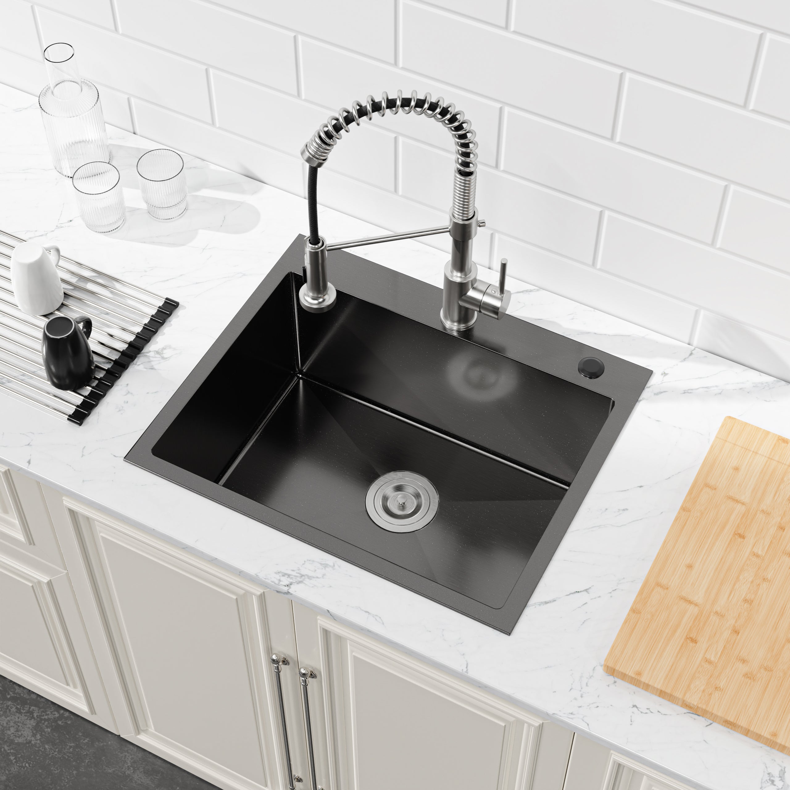 23" x 19" Drop-In Single Bowl Kitchen Sink, 16 Gauge Black Stainless Steel