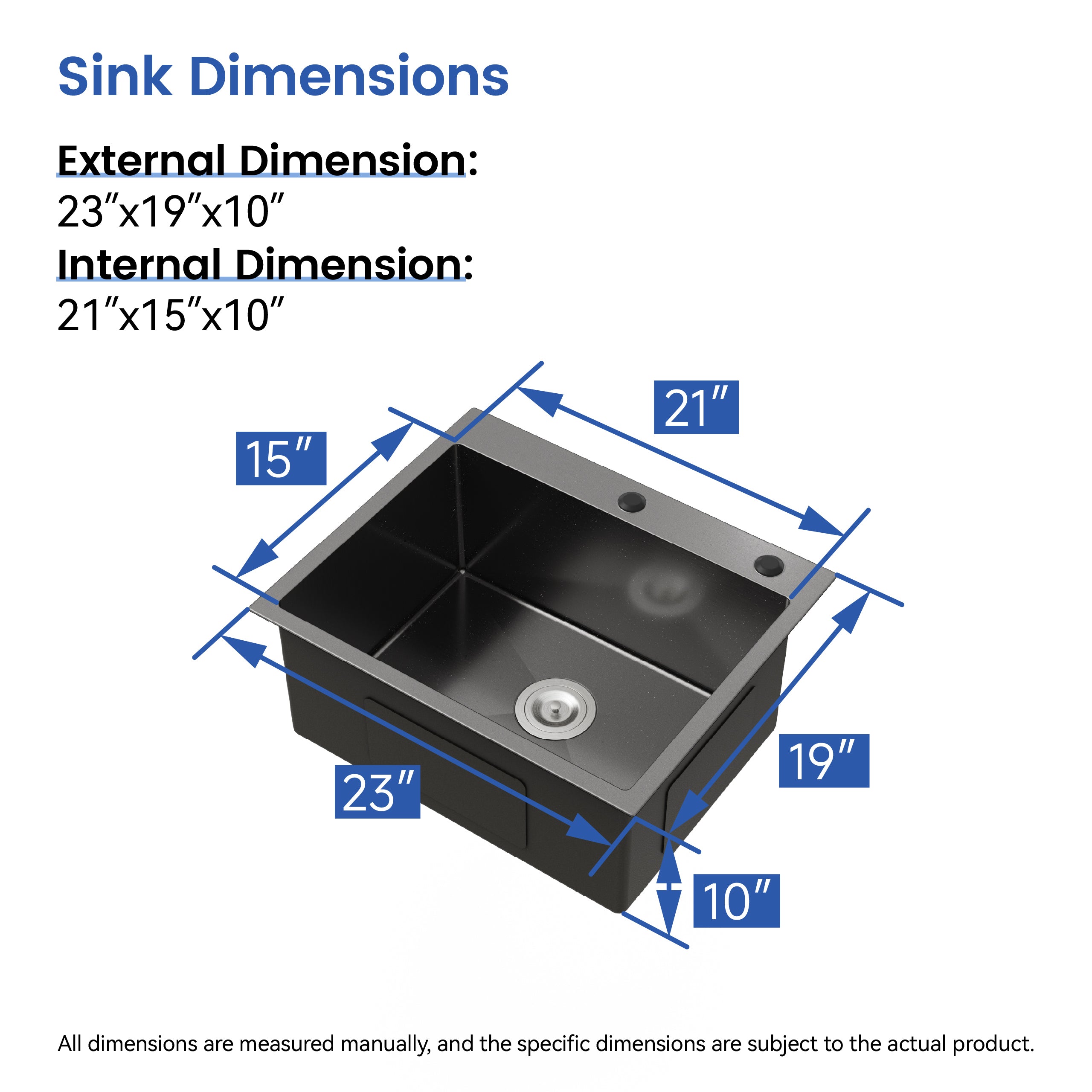 23" x 19" Drop-In Single Bowl Kitchen Sink, 16 Gauge Black Stainless Steel