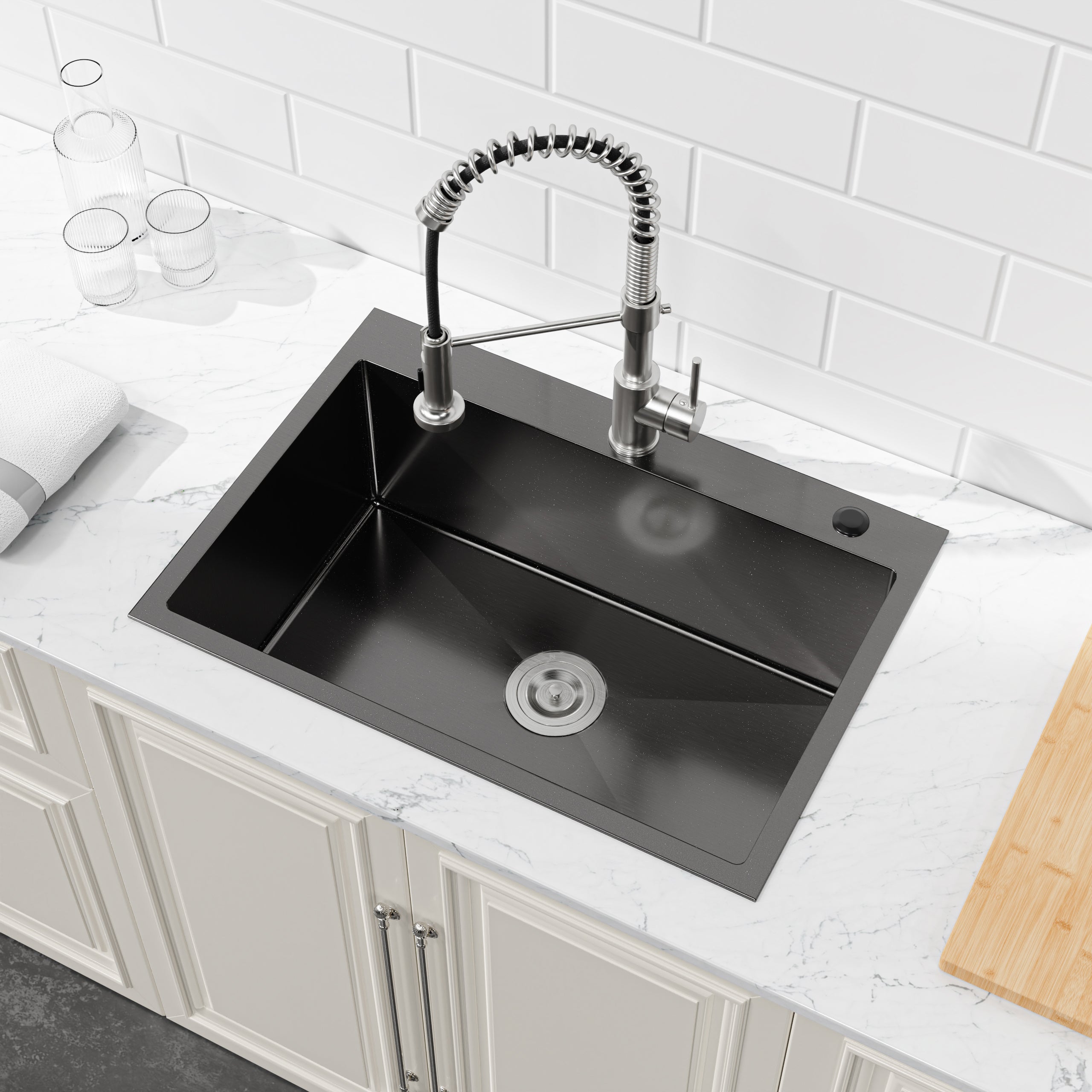 27" x 19" Drop-In Single Bowl Kitchen Sink, 16 Gauge Black Stainless Steel