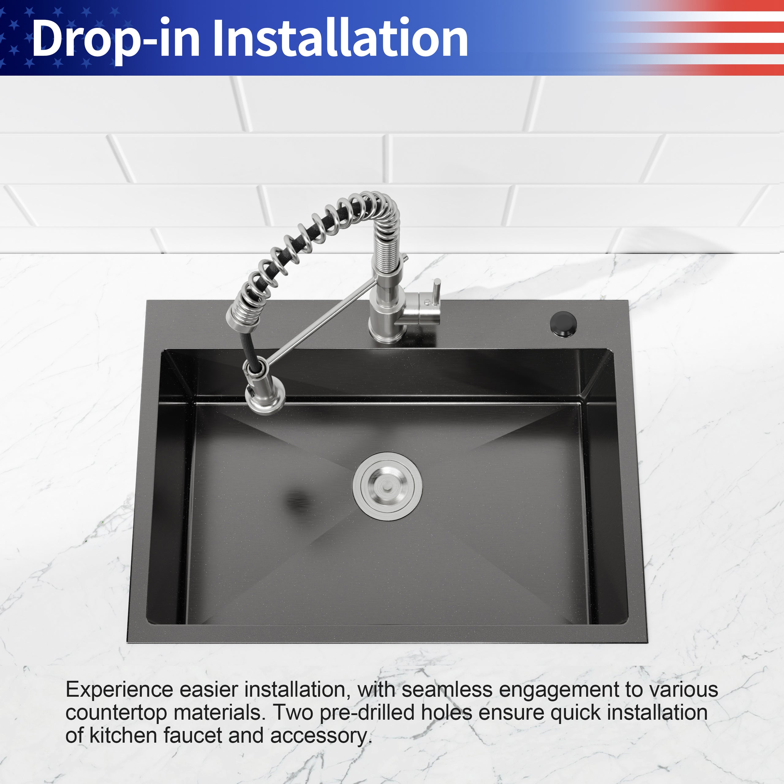 27" x 19" Drop-In Single Bowl Kitchen Sink, 16 Gauge Black Stainless Steel