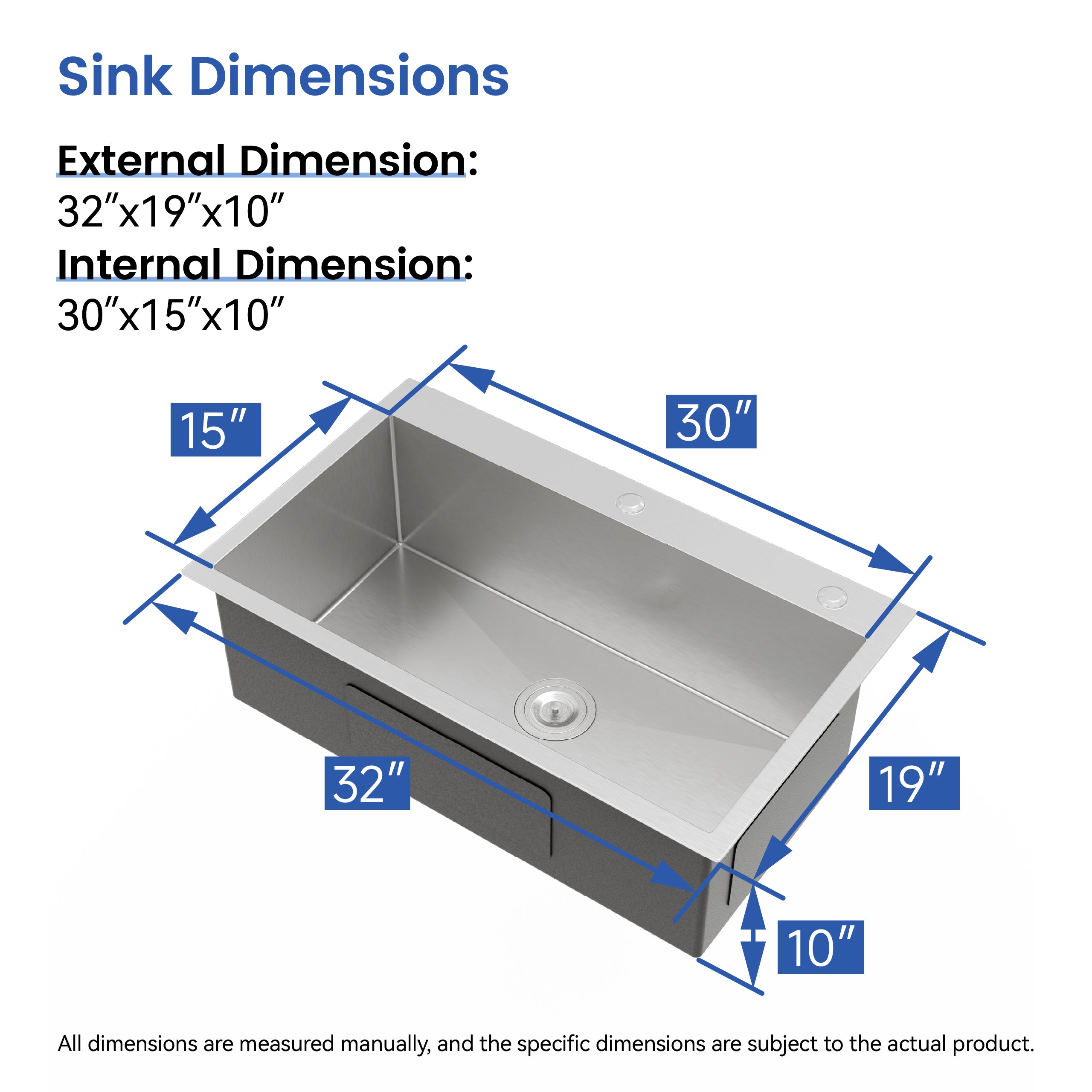 32" x 19" Drop-In Single Bowl Kitchen Sink, 16 Gauge Black Stainless Steel