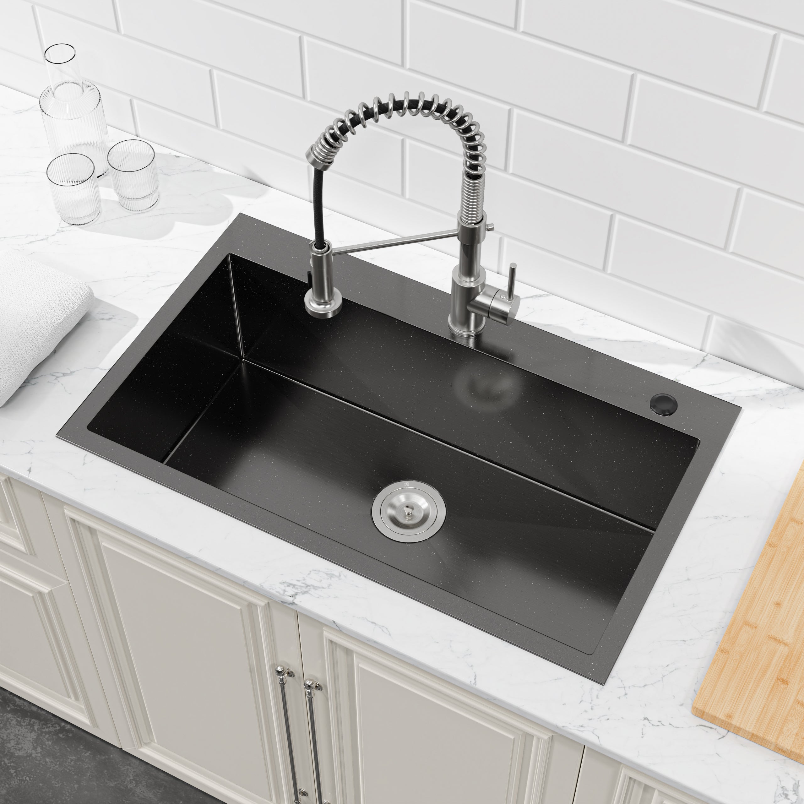32" x 19" Drop-In Single Bowl Kitchen Sink, 16 Gauge Black Stainless Steel