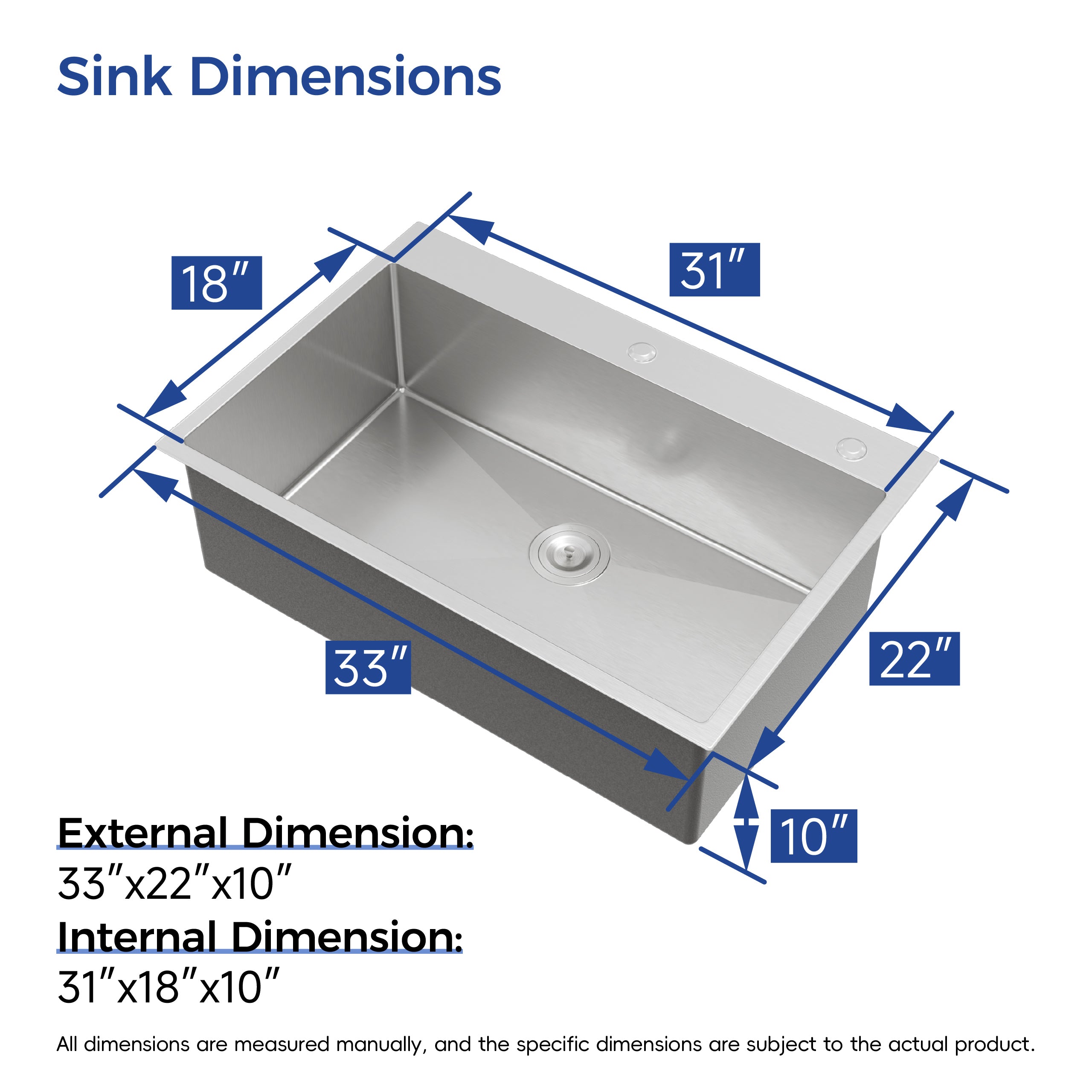 33" x 22" Drop-In Single Bowl Kitchen Sink, 16 Gauge Black Stainless Steel