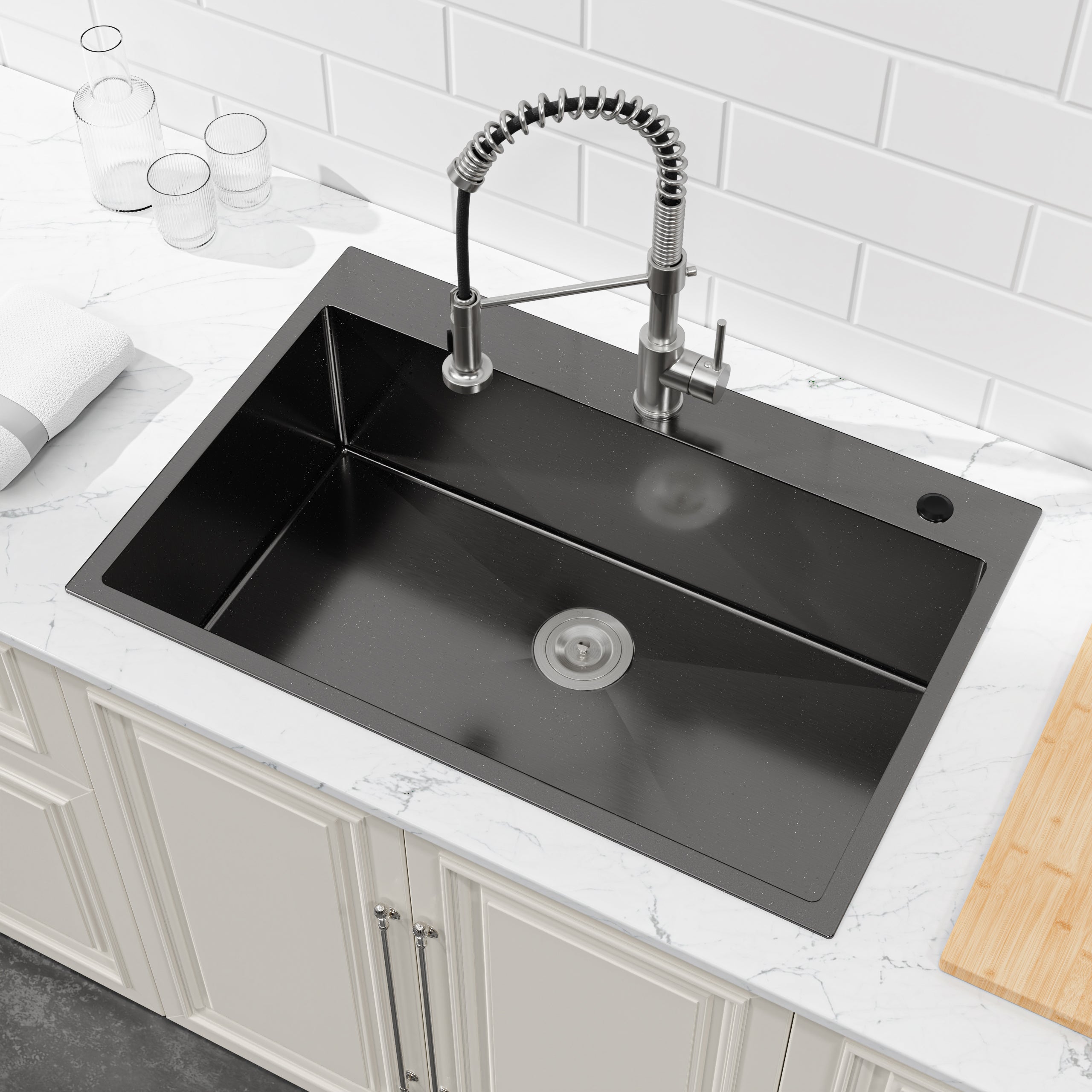 33" x 22" Drop-In Single Bowl Kitchen Sink, 16 Gauge Black Stainless Steel