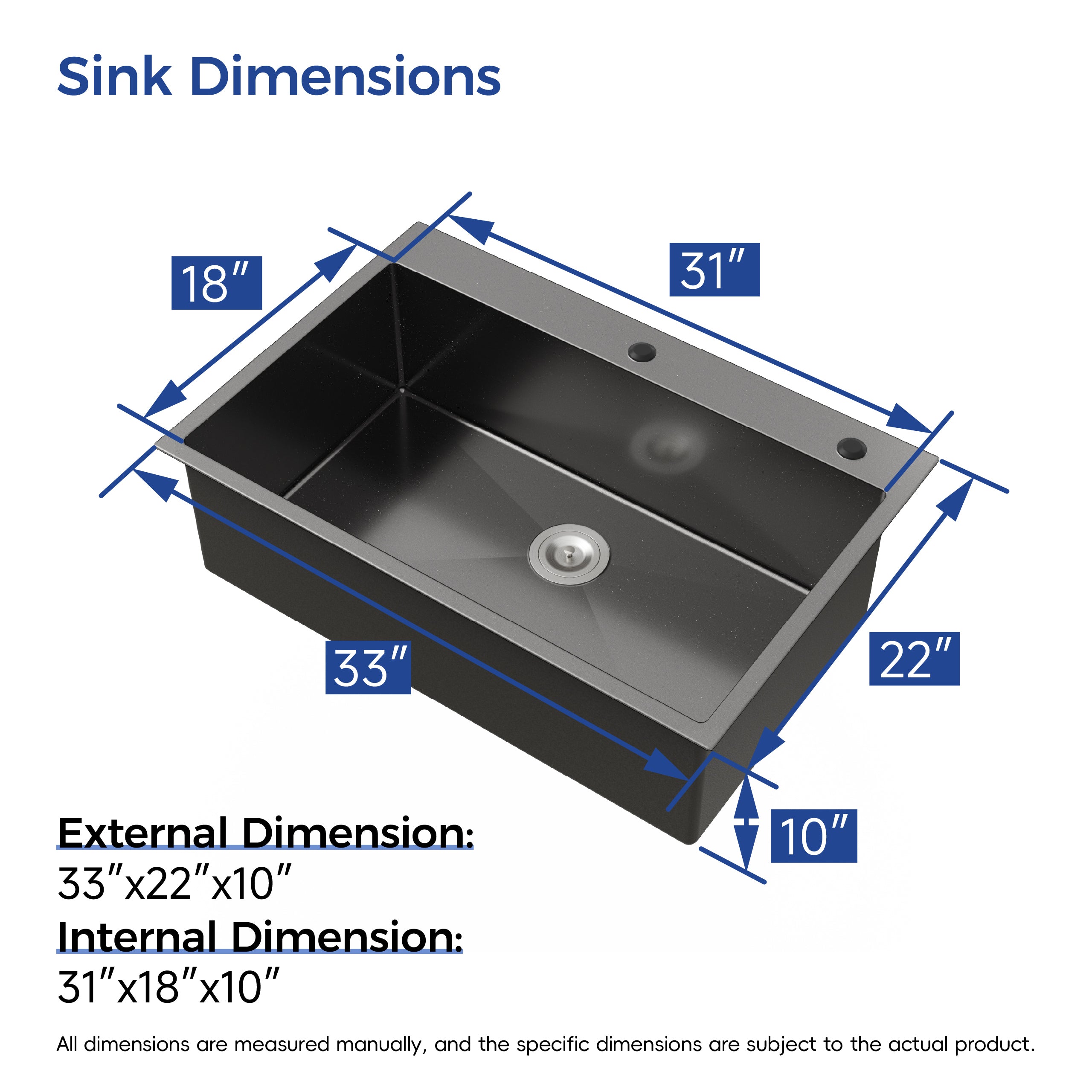 33" x 22" Drop-In Single Bowl Kitchen Sink, 16 Gauge Black Stainless Steel
