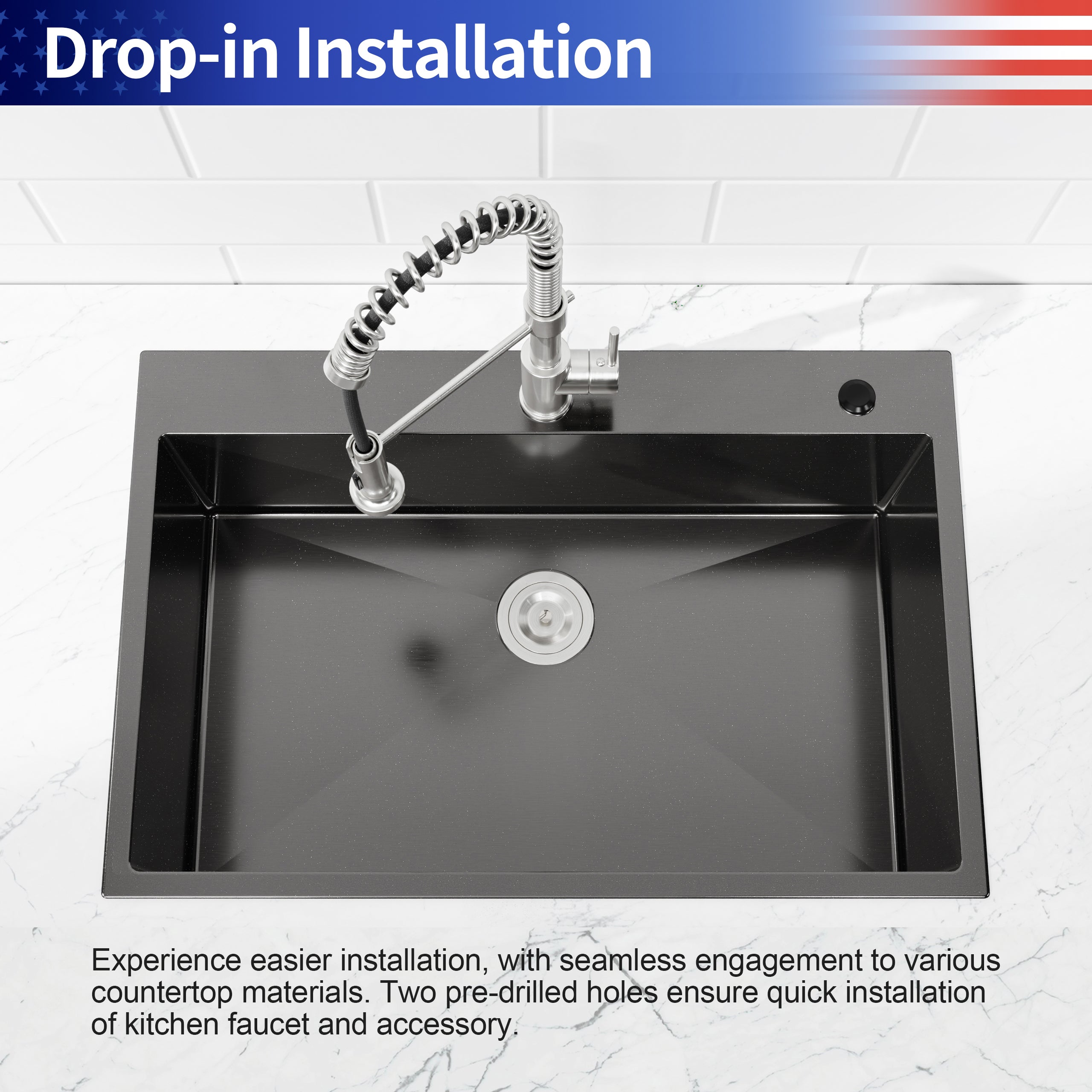 33" x 22" Drop-In Single Bowl Kitchen Sink, 16 Gauge Black Stainless Steel
