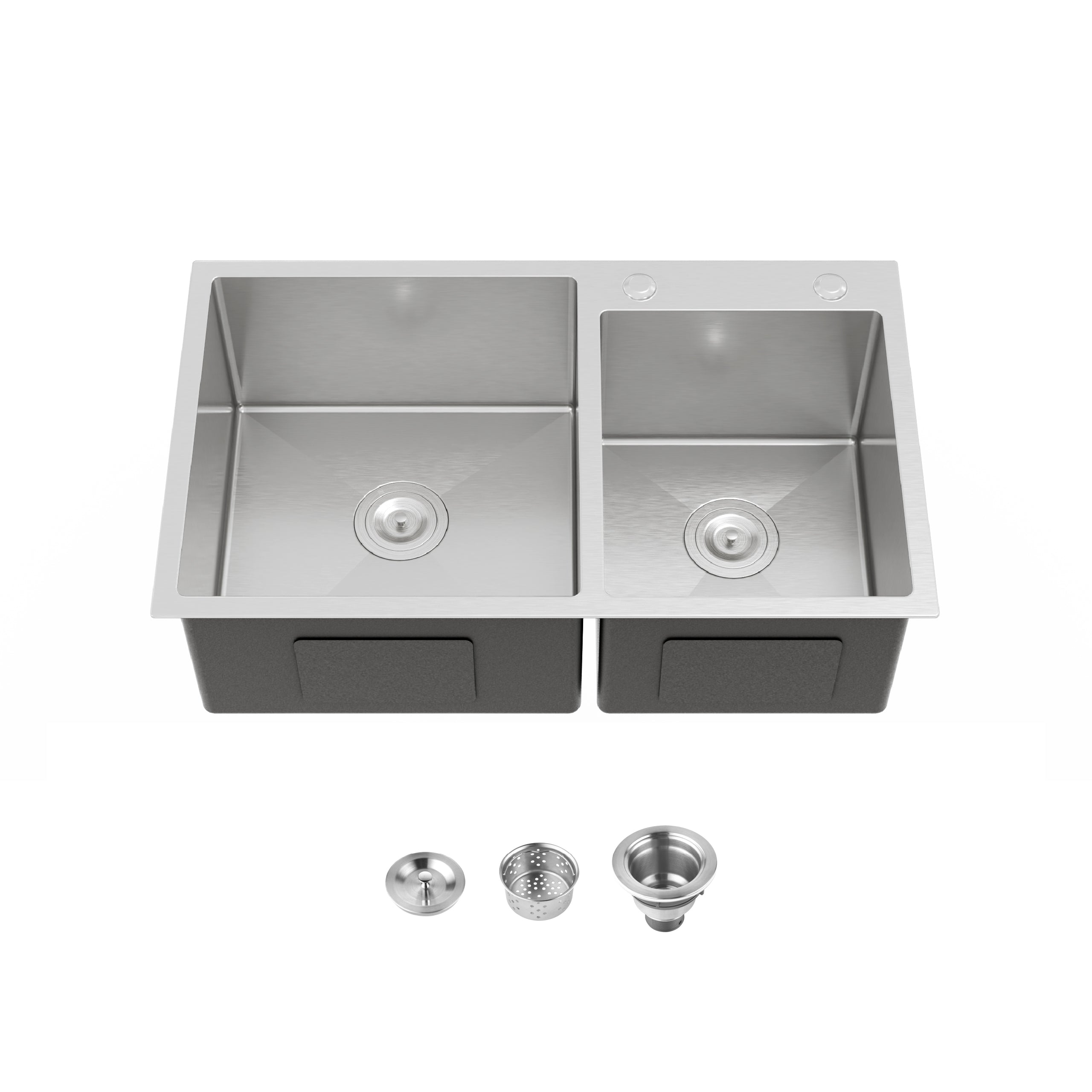 32 x 19 Double Bowl Stainless Steel Kitchen Sink, Overmount Handmade Sink in Brushed Nickel, 16 Gauge with Drain & Hooks