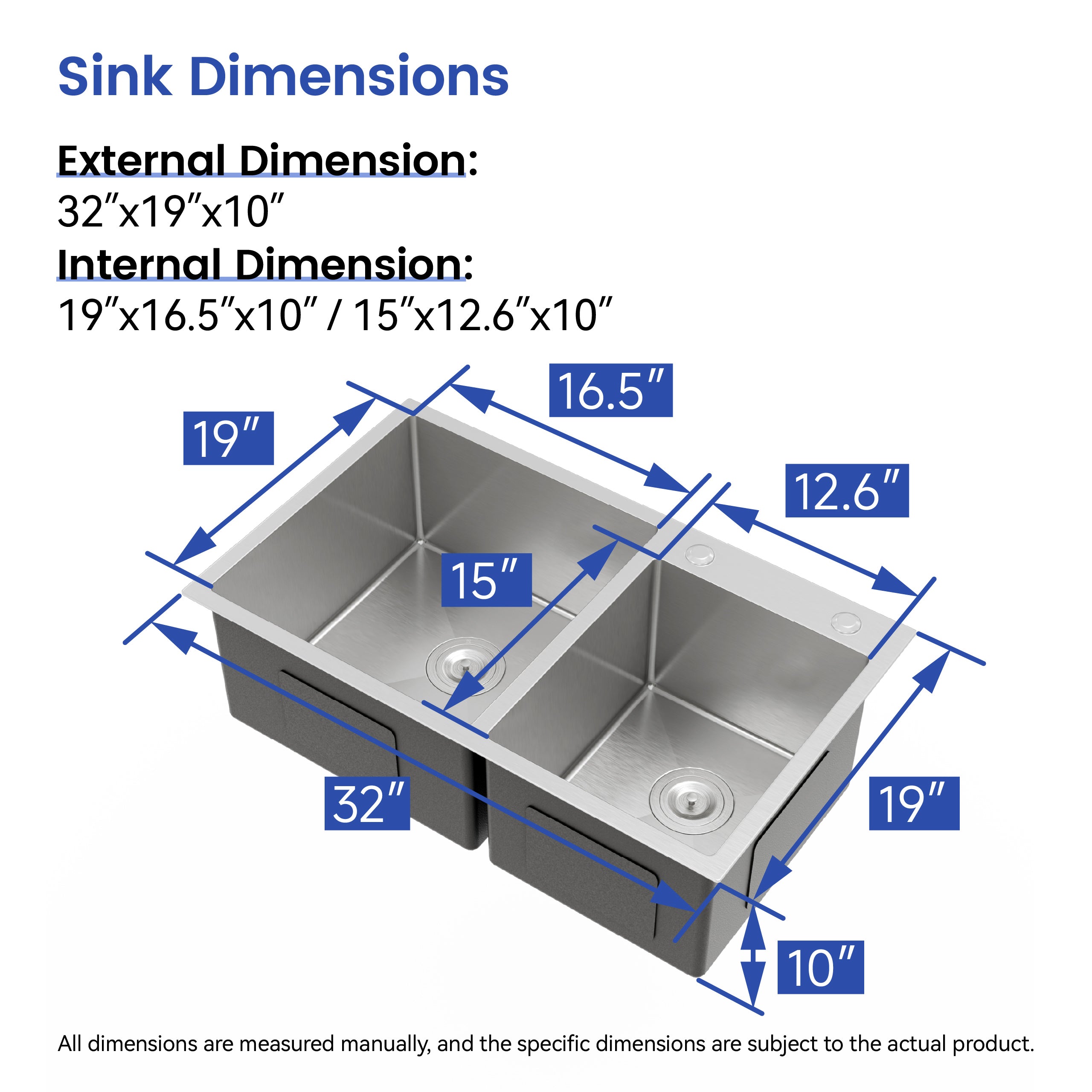 32 x 19 Double Bowl Stainless Steel Kitchen Sink, Overmount Handmade Sink in Brushed Nickel, 16 Gauge with Drain & Hooks