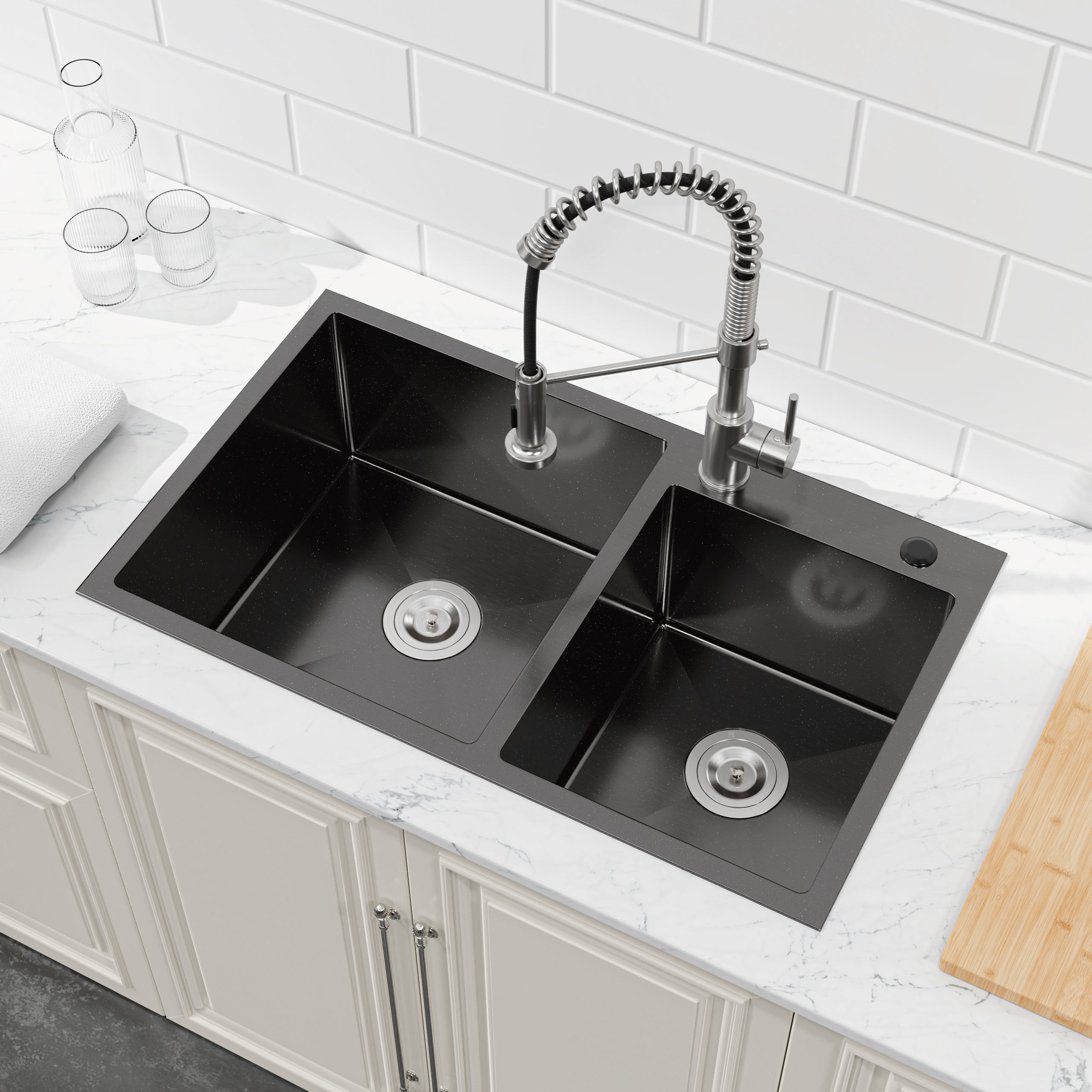 32 x 19 Double Bowl Stainless Steel Kitchen Sink, Overmount Handmade Sink in Brushed Nickel, 16 Gauge with Drain & Hooks
