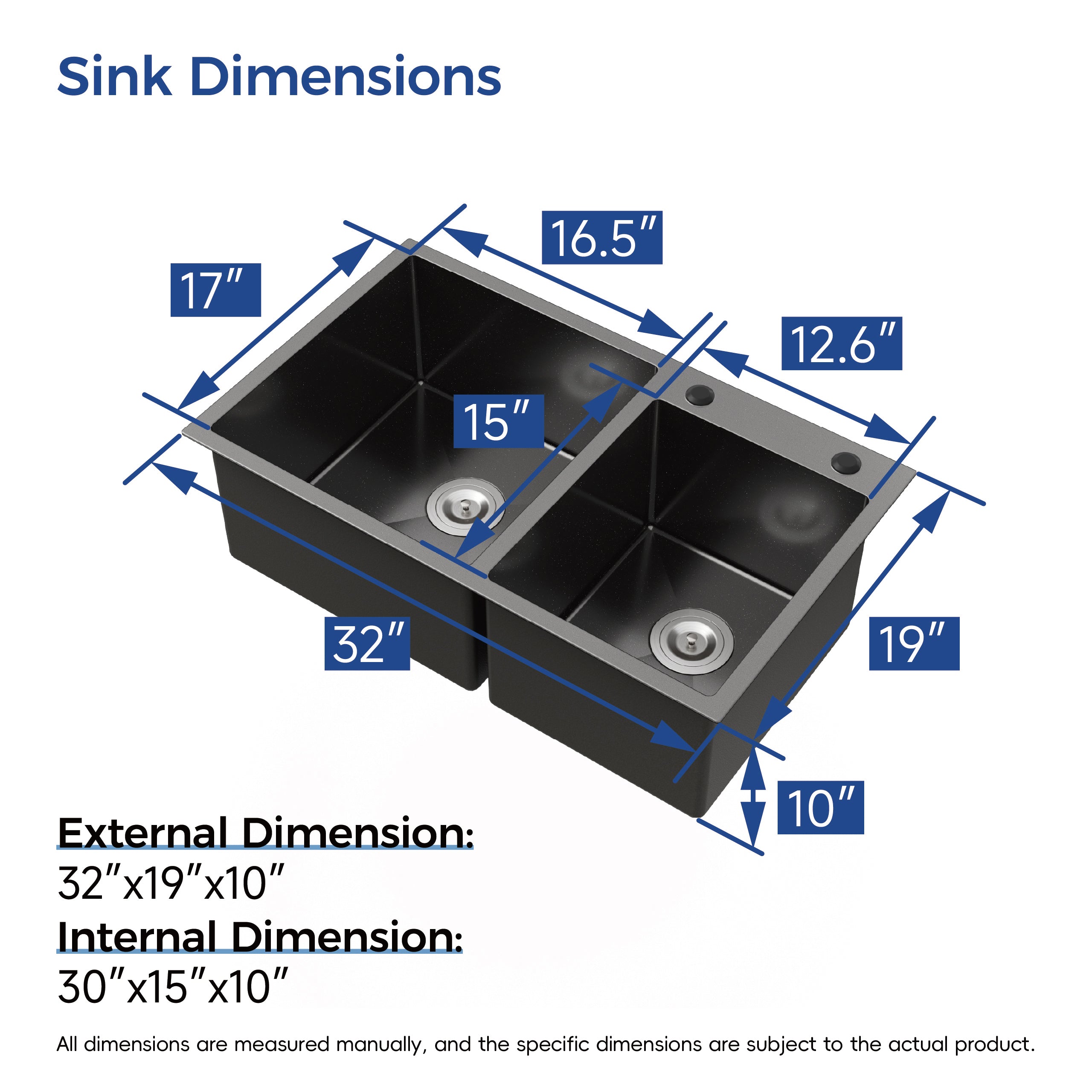32 x 19 Double Bowl Stainless Steel Kitchen Sink, Overmount Handmade Sink in Brushed Nickel, 16 Gauge with Drain & Hooks