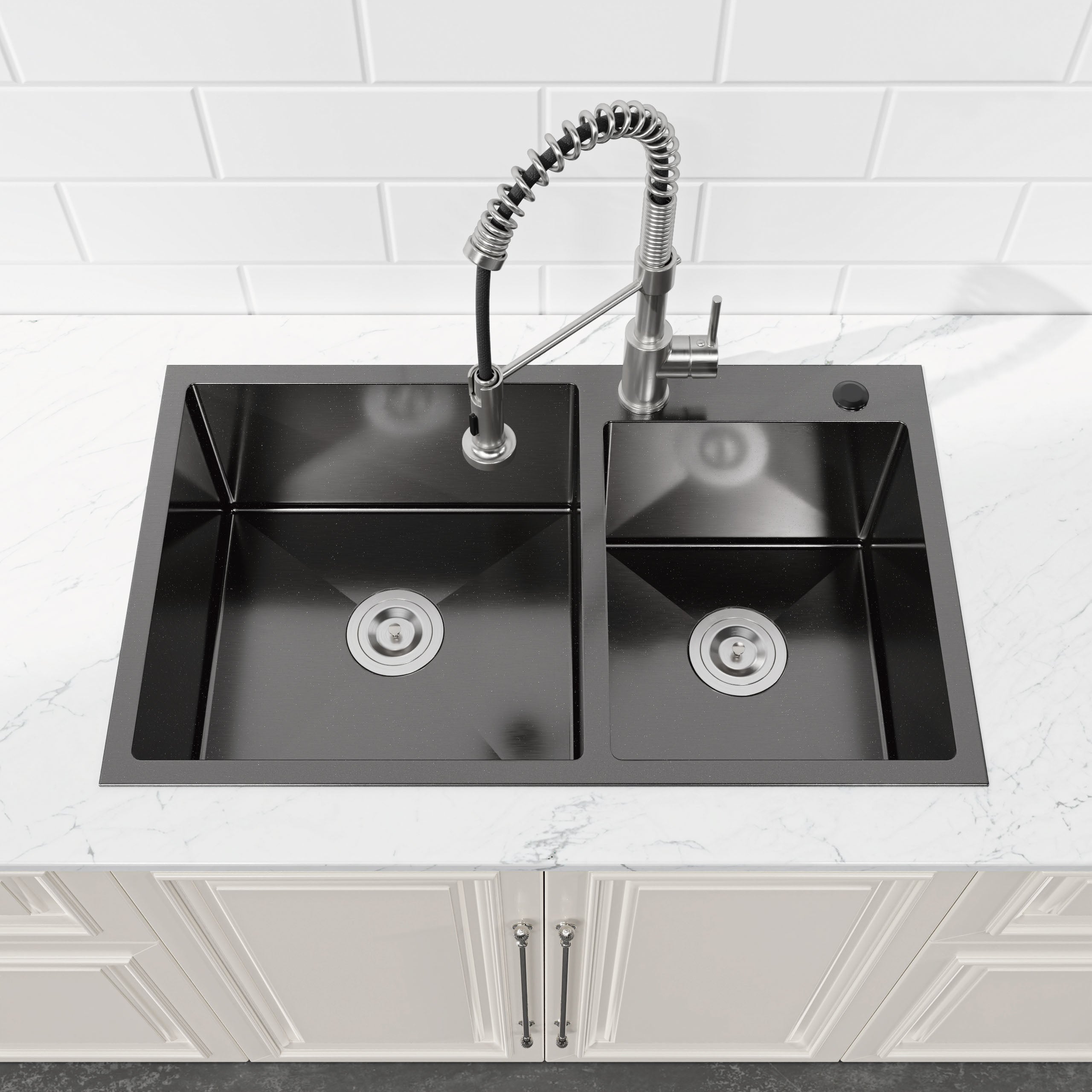 32 x 19 Double Bowl Stainless Steel Kitchen Sink, Overmount Handmade Sink in Brushed Nickel, 16 Gauge with Drain & Hooks