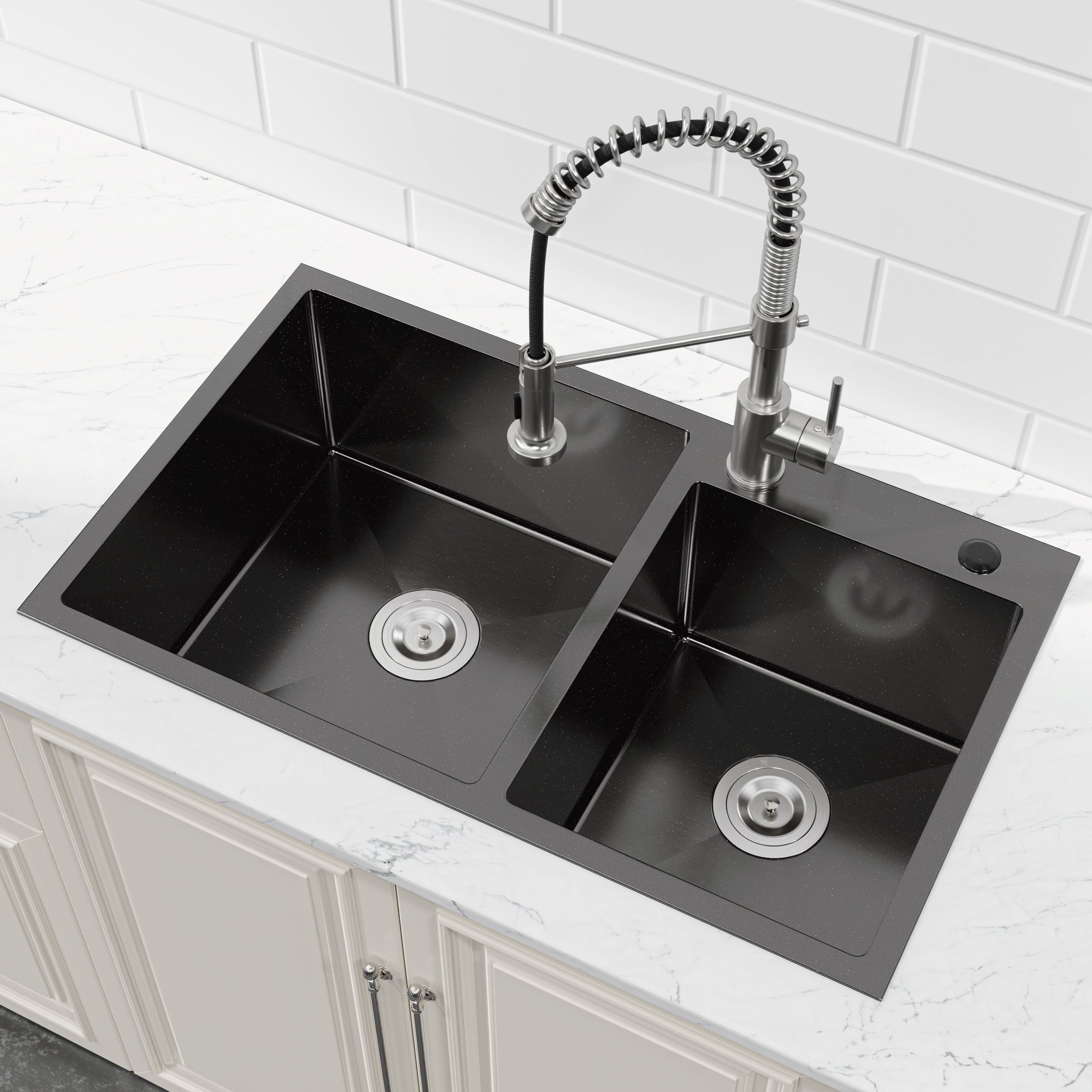 32 x 19 Double Bowl Stainless Steel Kitchen Sink, Overmount Handmade Sink in Brushed Nickel, 16 Gauge with Drain & Hooks