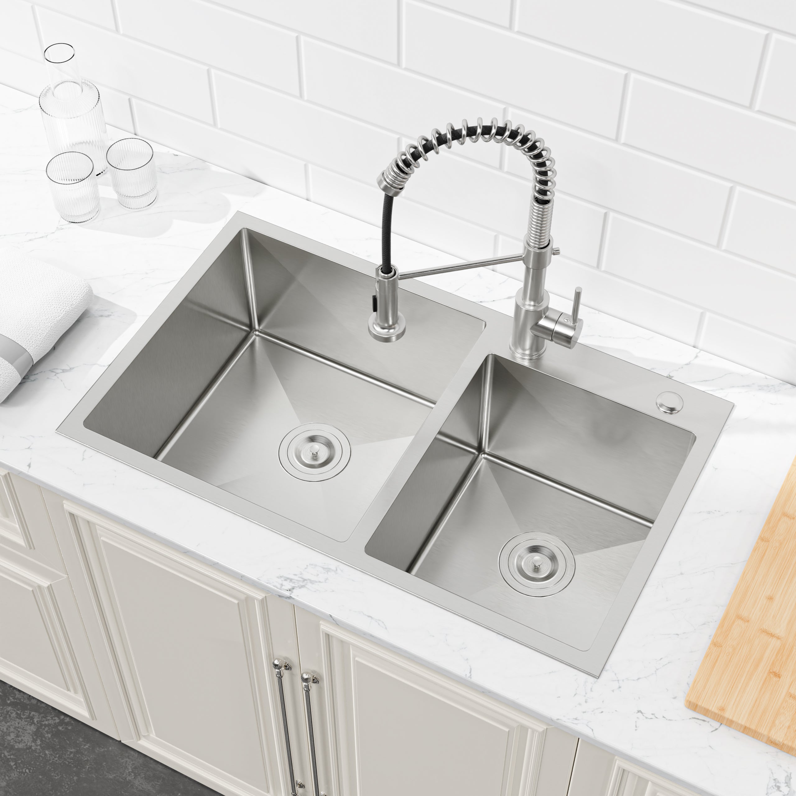 33 x 22 Double Bowl Stainless Steel Kitchen Sink, Overmount Handmade Sink in Brushed Nickel, 16 Gauge with Drain & Hooks,RX-SS65