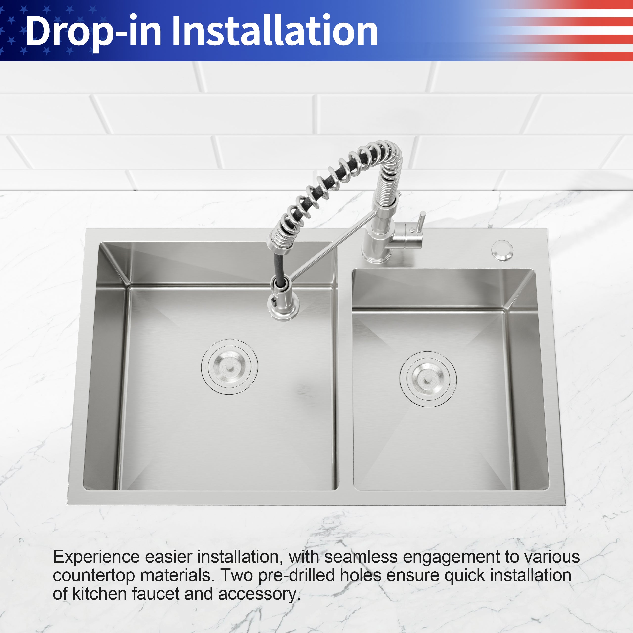 33 x 22 Double Bowl Stainless Steel Kitchen Sink, Overmount Handmade Sink in Brushed Nickel, 16 Gauge with Drain & Hooks,RX-SS65
