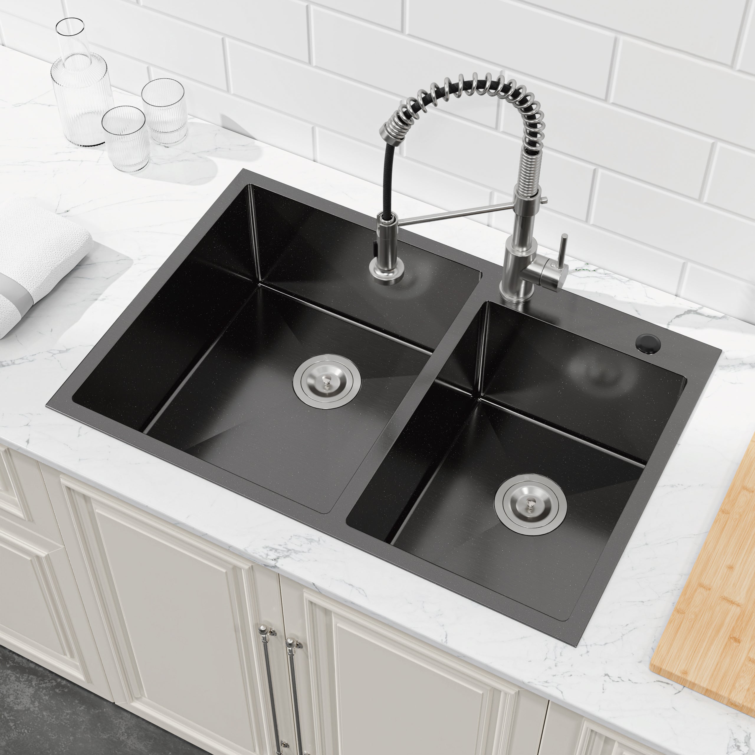 33 x 22 Double Bowl Stainless Steel Kitchen Sink, Overmount Handmade Sink in Brushed Nickel, 16 Gauge with Drain & Hooks,RX-SS65