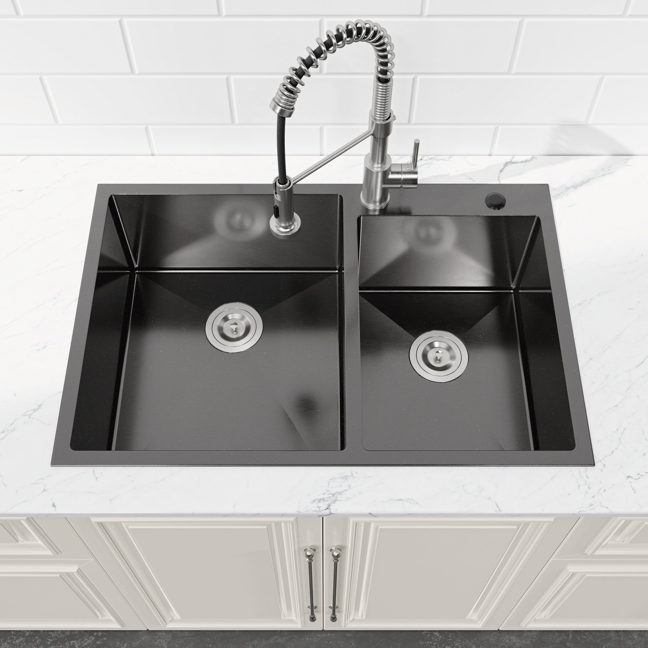 33 x 22 Double Bowl Stainless Steel Kitchen Sink, Overmount Handmade Sink in Brushed Nickel, 16 Gauge with Drain & Hooks,RX-SS65