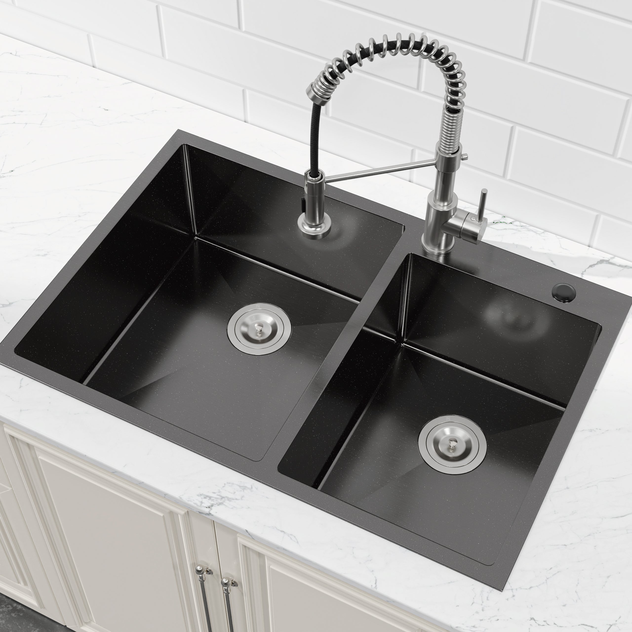 33 x 22 Double Bowl Stainless Steel Kitchen Sink, Overmount Handmade Sink in Brushed Nickel, 16 Gauge with Drain & Hooks,RX-SS65