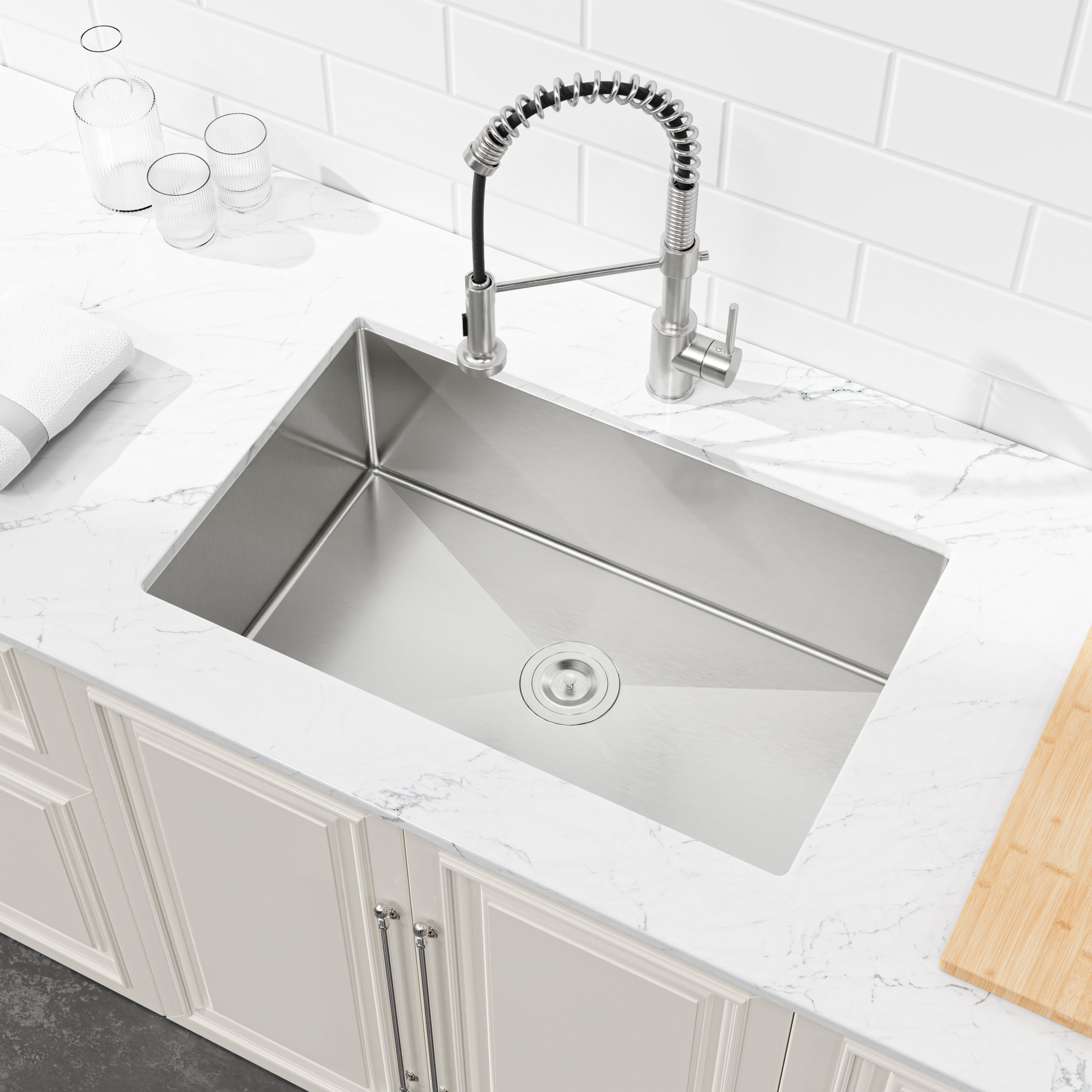 30" Undermount Stainless Steel Kitchen Sink, Single Bowl 16 Gauge Brushed Nickel Handmade Sink with Drain & Hooks