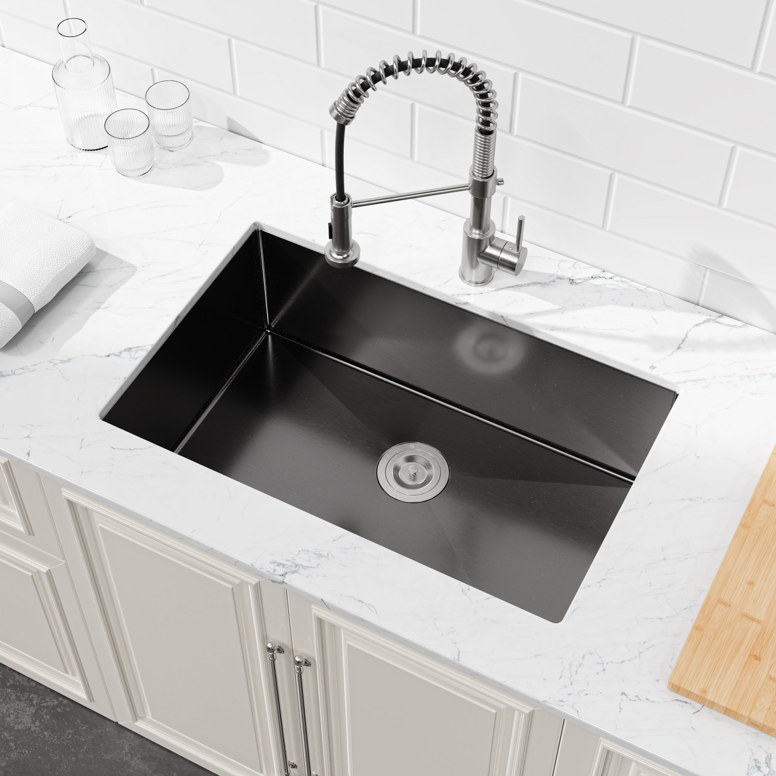 30" Undermount Stainless Steel Kitchen Sink, Single Bowl 16 Gauge Brushed Nickel Handmade Sink with Drain & Hooks