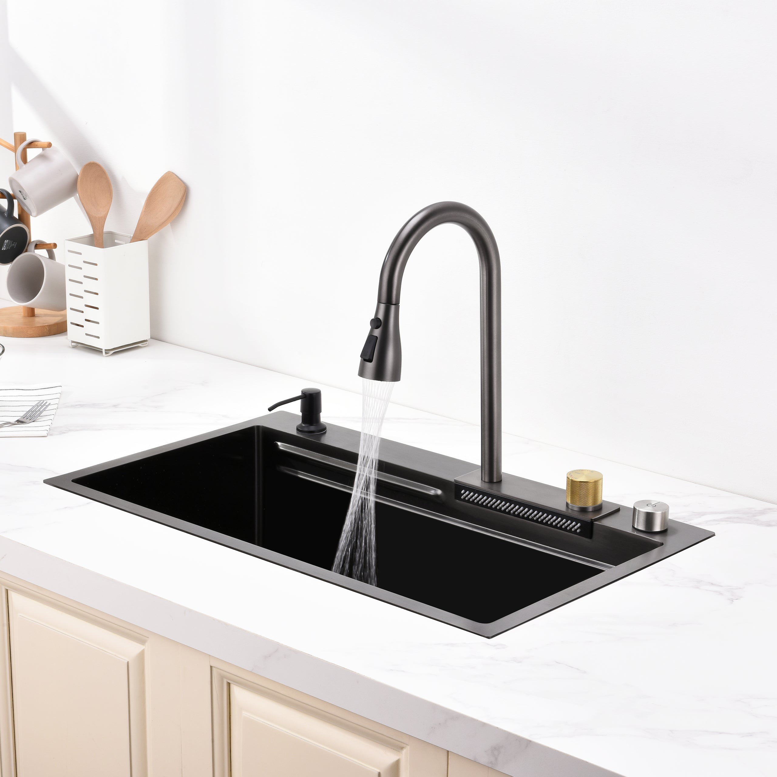 30" x 18" Waterfall Workstation Sink, Black Stainless Steel