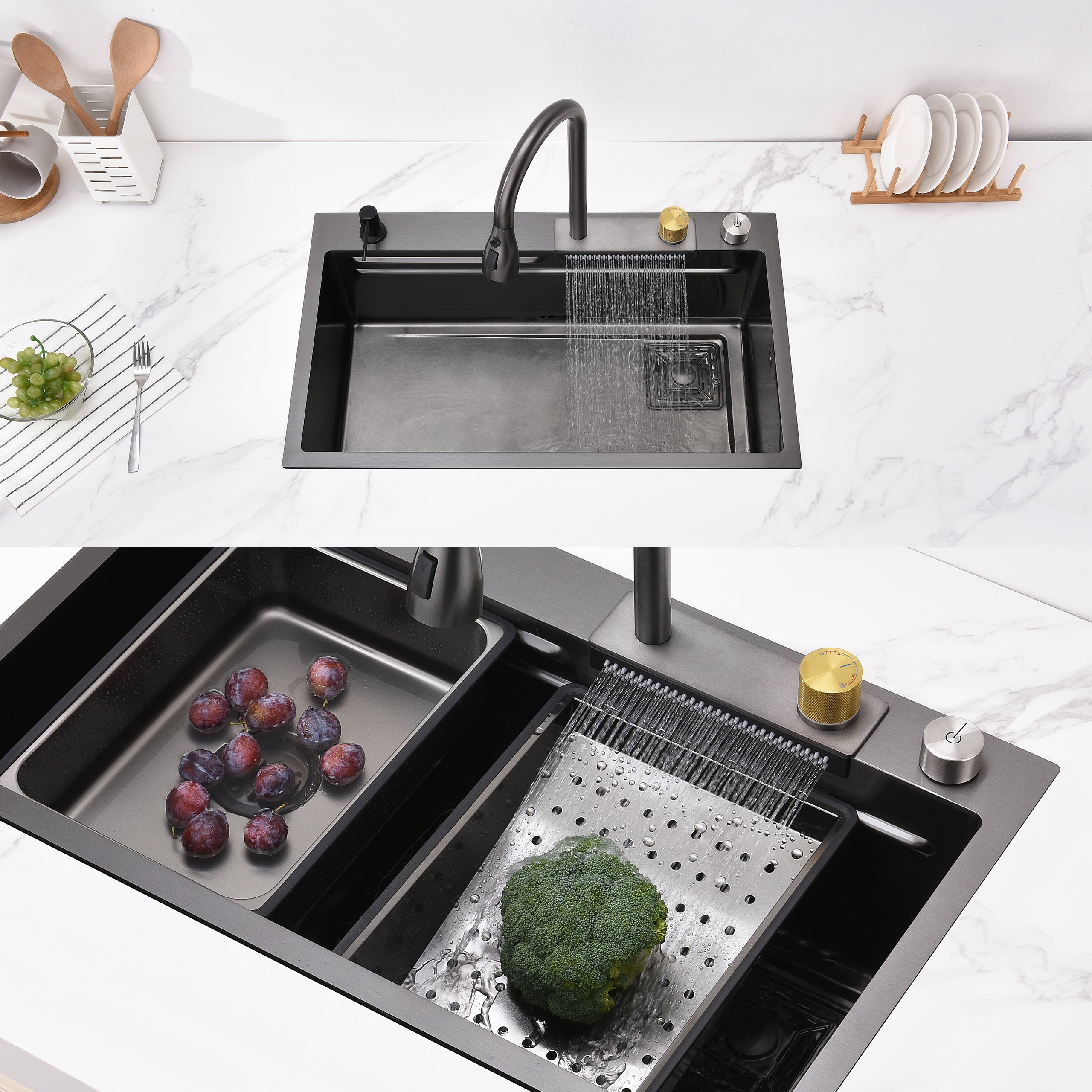 30" x 18" Waterfall Workstation Sink, Black Stainless Steel