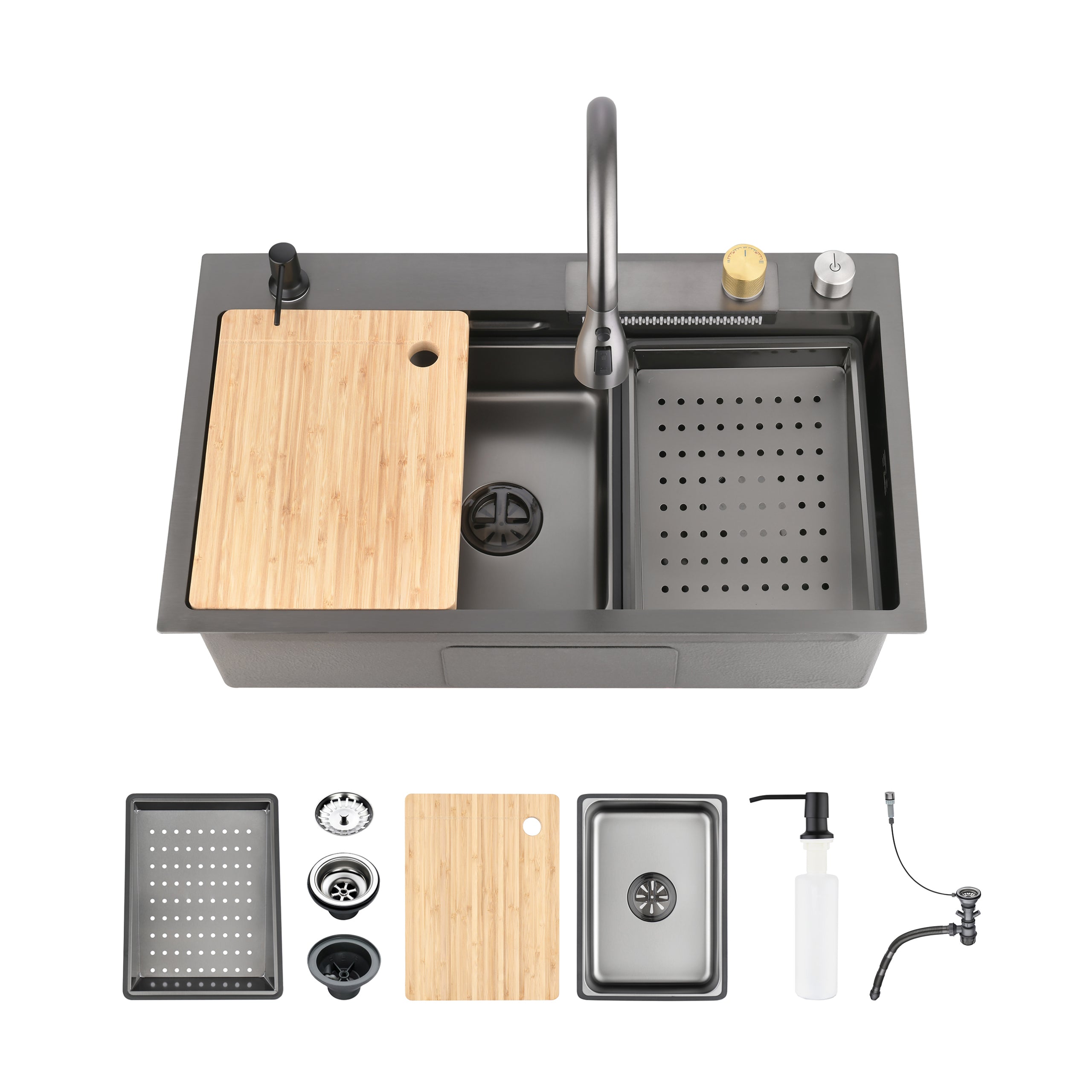 30" x 18" Waterfall Workstation Sink, Black Stainless Steel