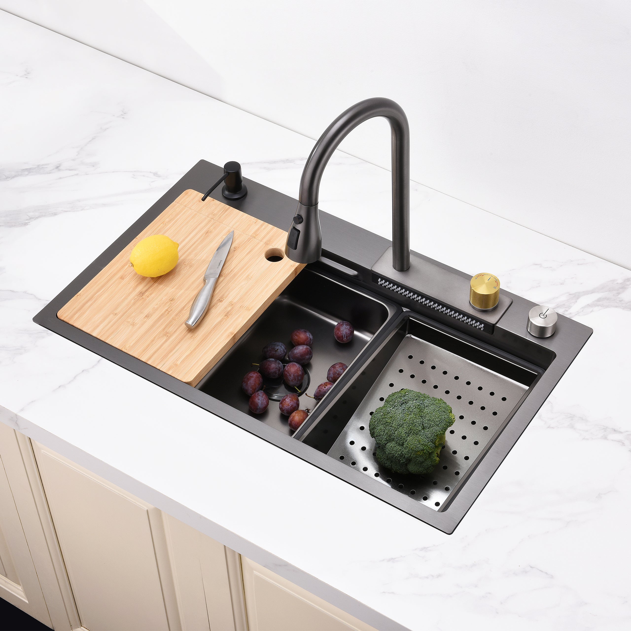 30" x 18" Waterfall Workstation Sink, Black Stainless Steel