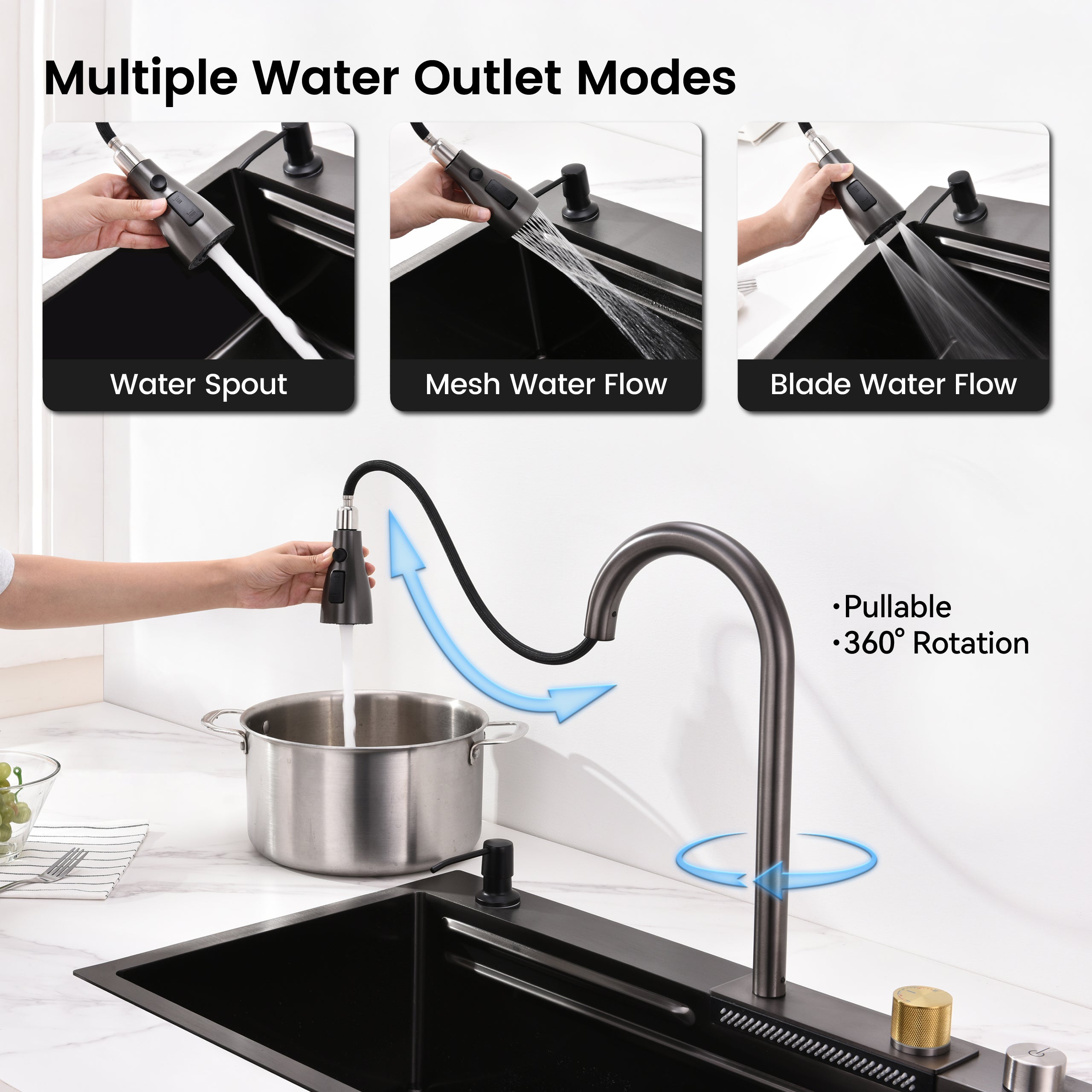 30" x 18" Waterfall Workstation Sink, Black Stainless Steel