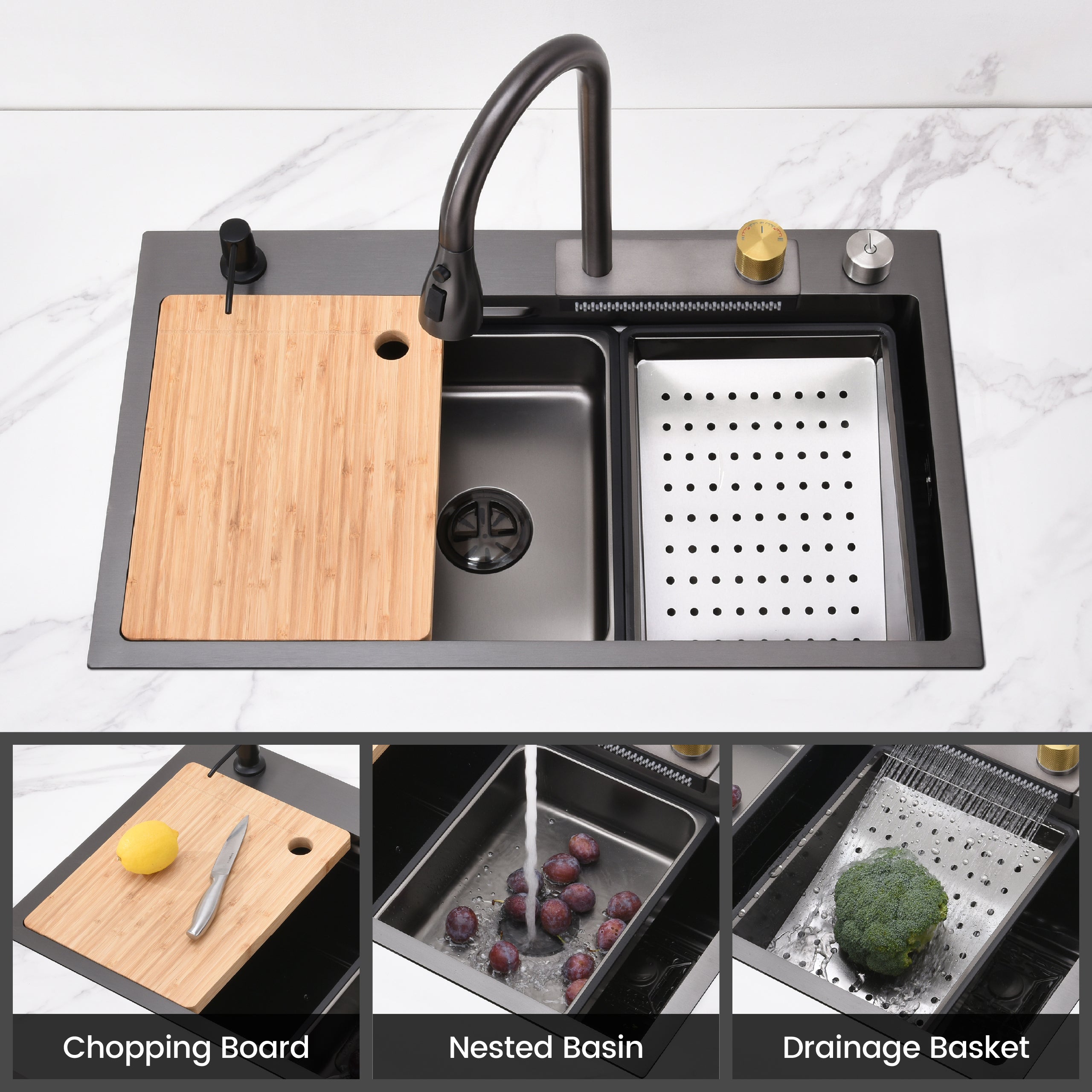 30" x 18" Waterfall Workstation Sink, Black Stainless Steel