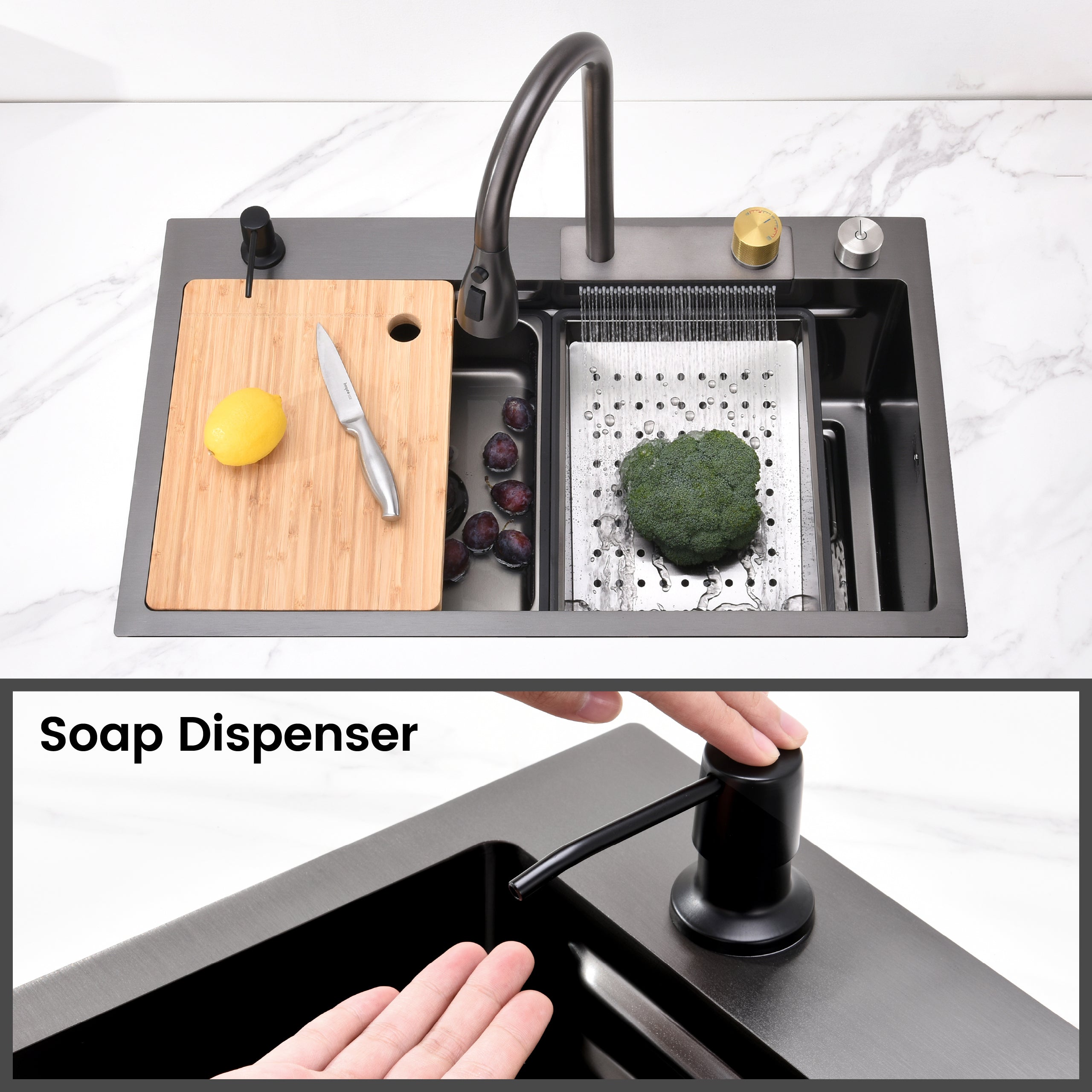 30" x 18" Waterfall Workstation Sink, Black Stainless Steel