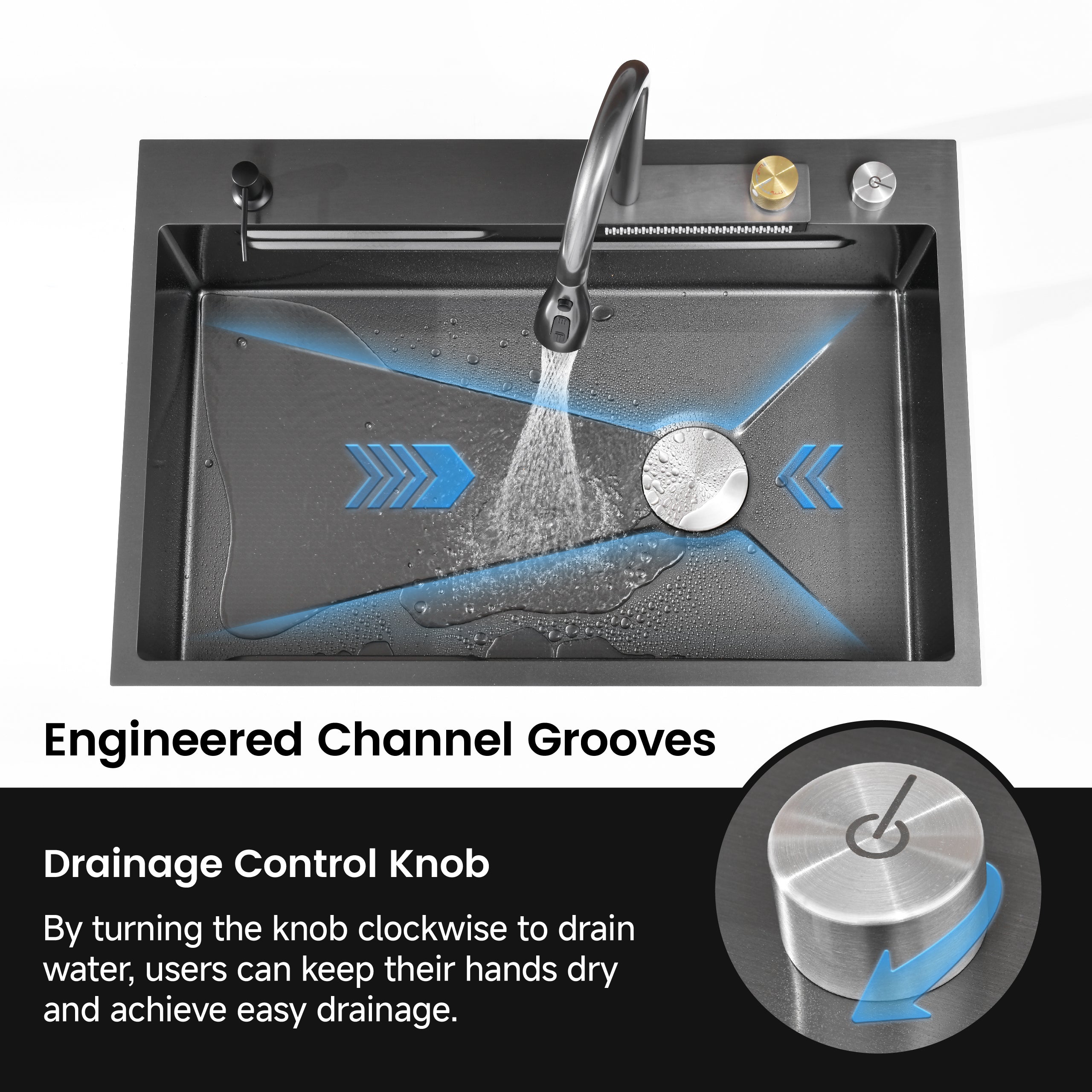 30" x 18" Waterfall Workstation Sink, Black Stainless Steel