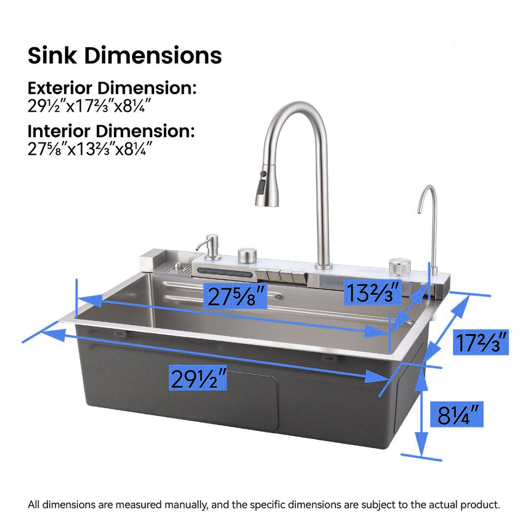 29.5" x 18" Smart Waterfall Kitchen Sink with Digital Display, Stainless Steel