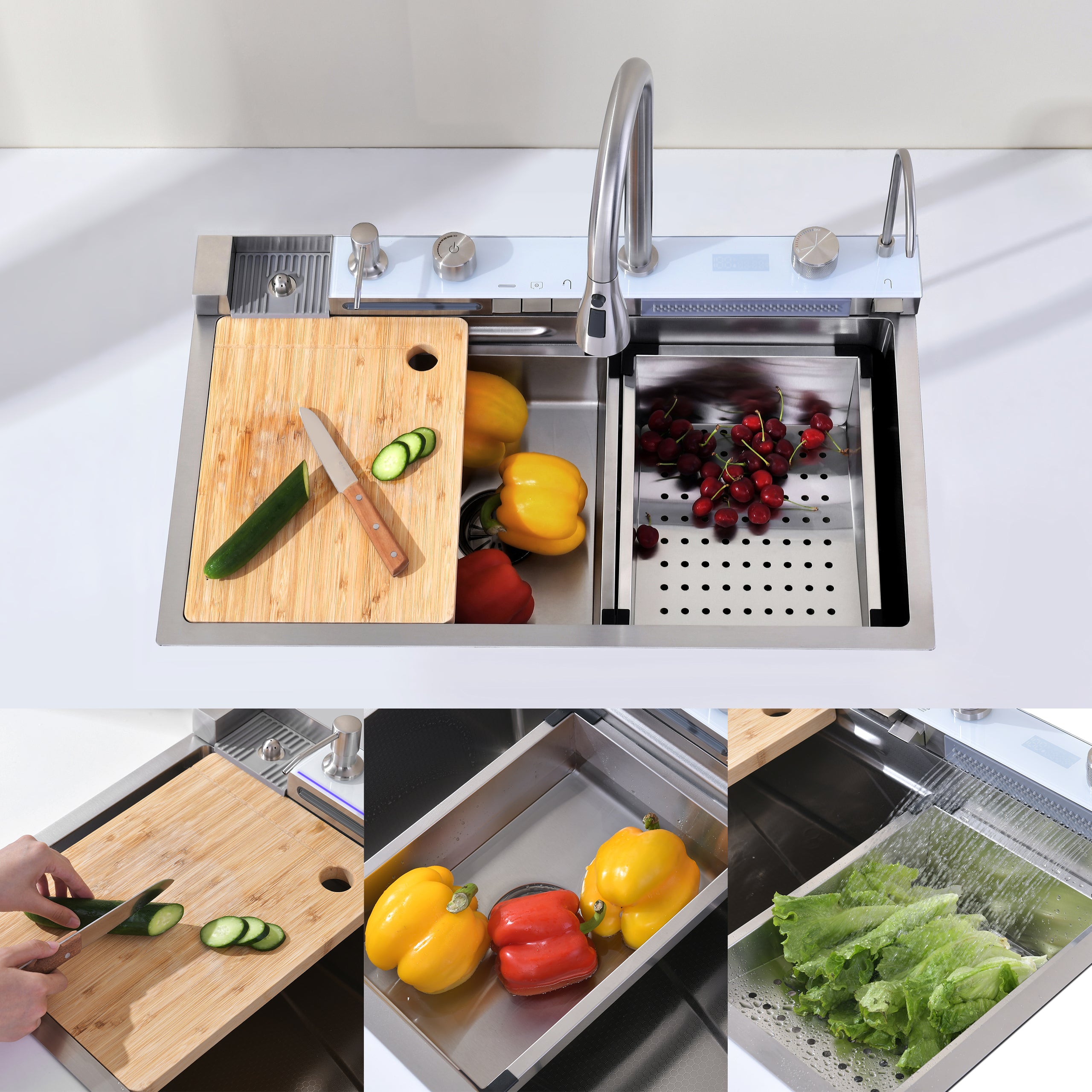 29.5" x 18" Smart Waterfall Kitchen Sink with Digital Display, Stainless Steel