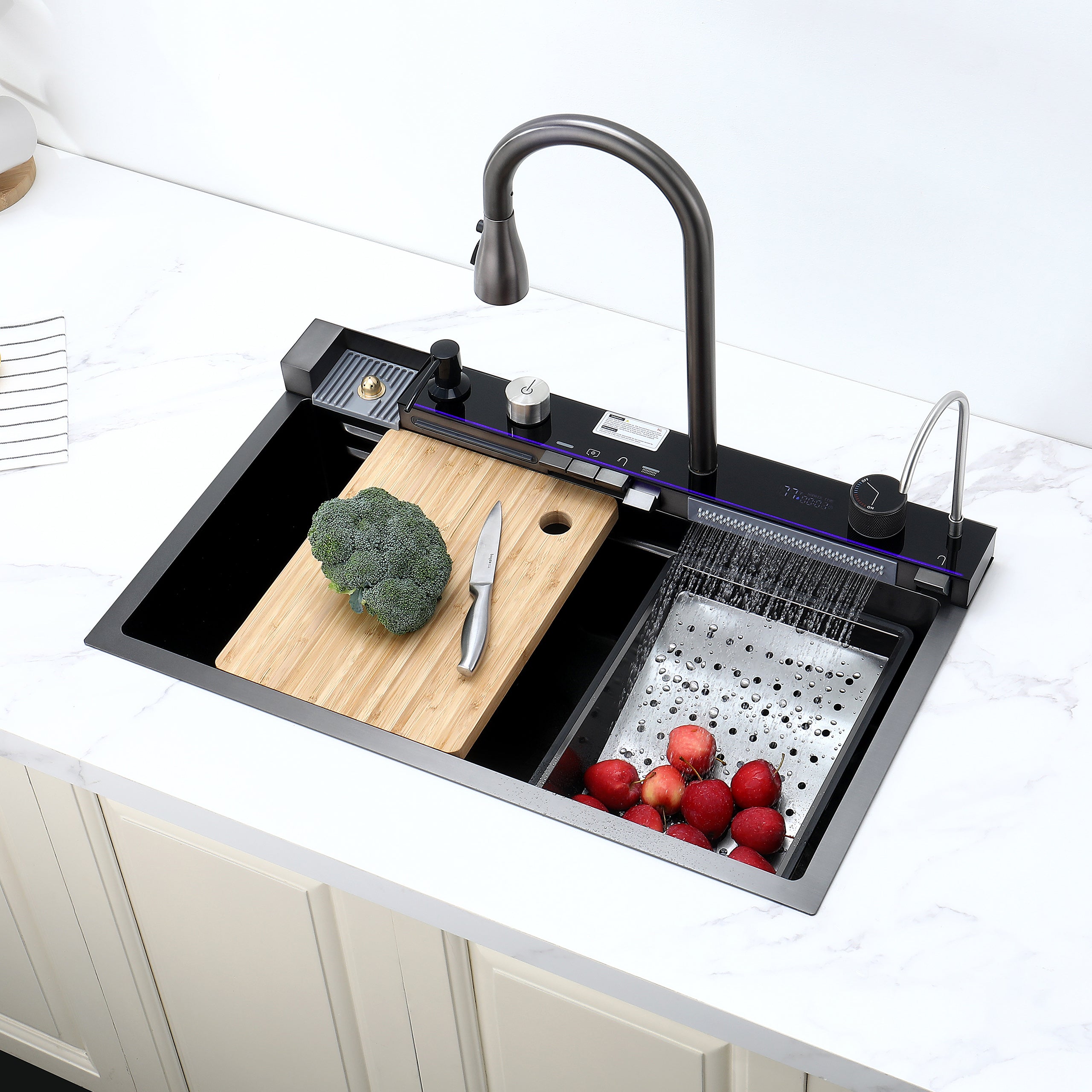 30" x 18" Smart Waterfall Kitchen Sink with Digital Display, Stainless Steel
