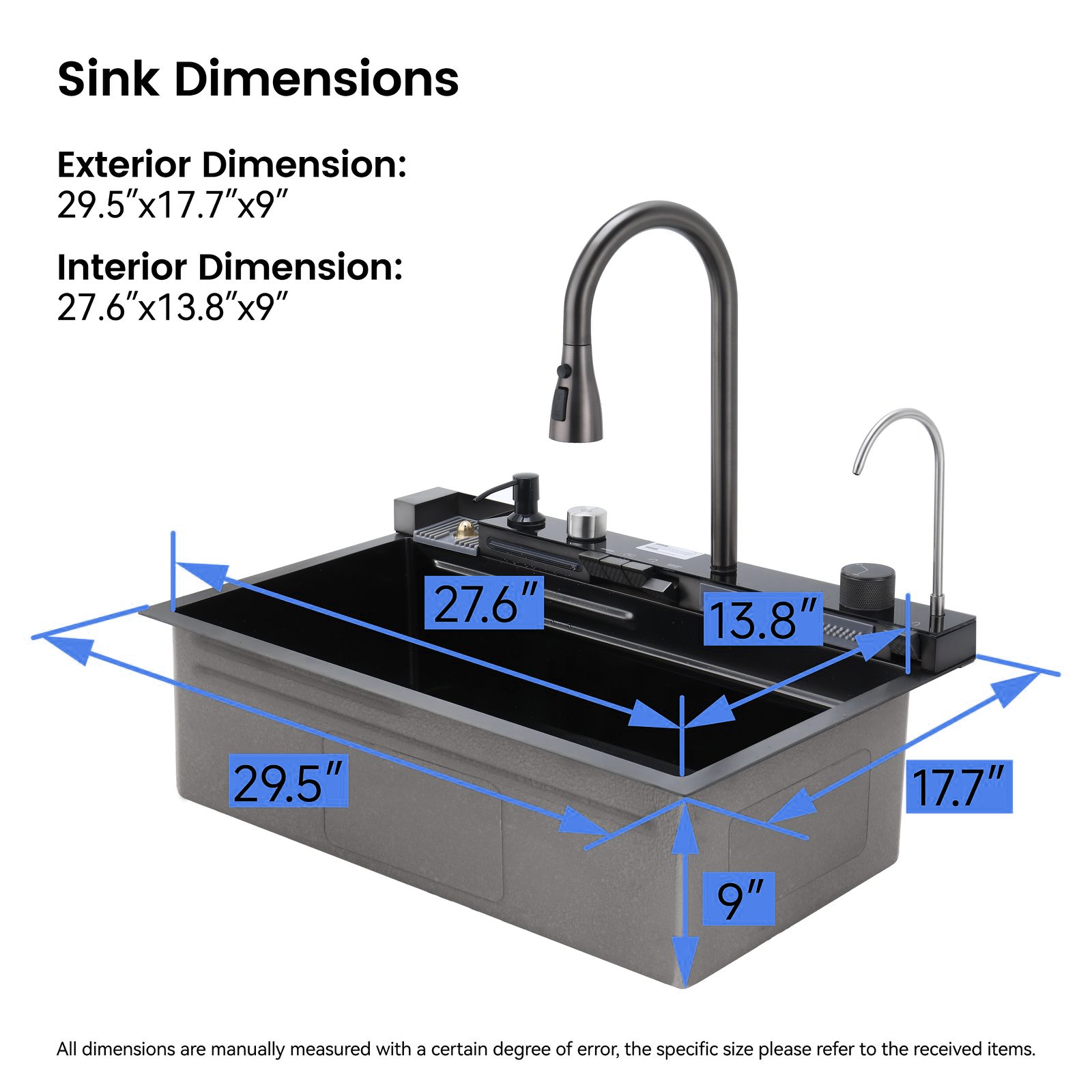 30" x 18" Smart Waterfall Kitchen Sink with Digital Display, Stainless Steel