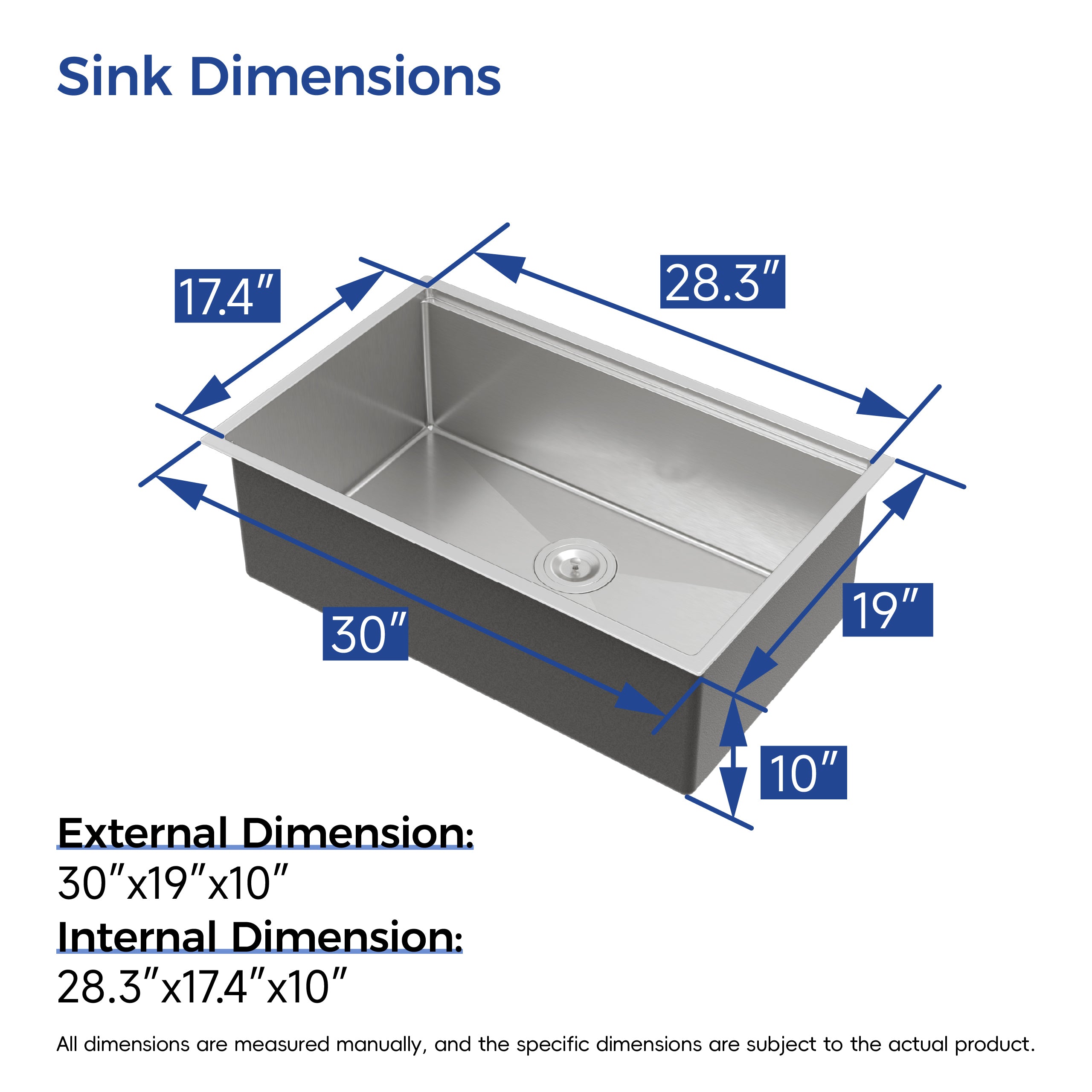 30" x 19" Undermount Stainless Steel Kitchen Sink, Single Bowl Handmade Sink in Brushed Nickel with Workstation Accessories
