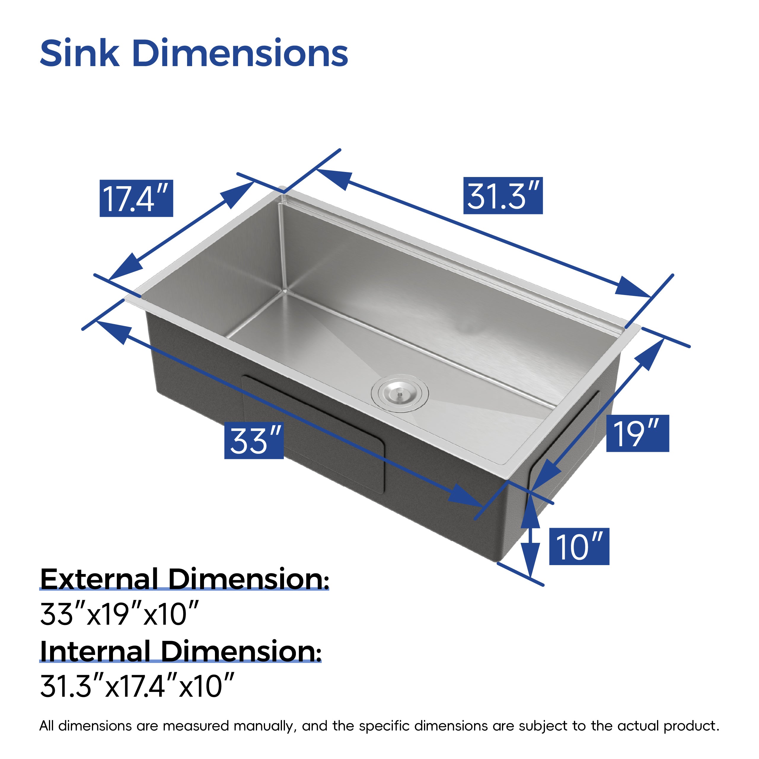 33" x 19" Undermount Single Bowl Workstation Sink, 16 Gauge Stainless Steel
