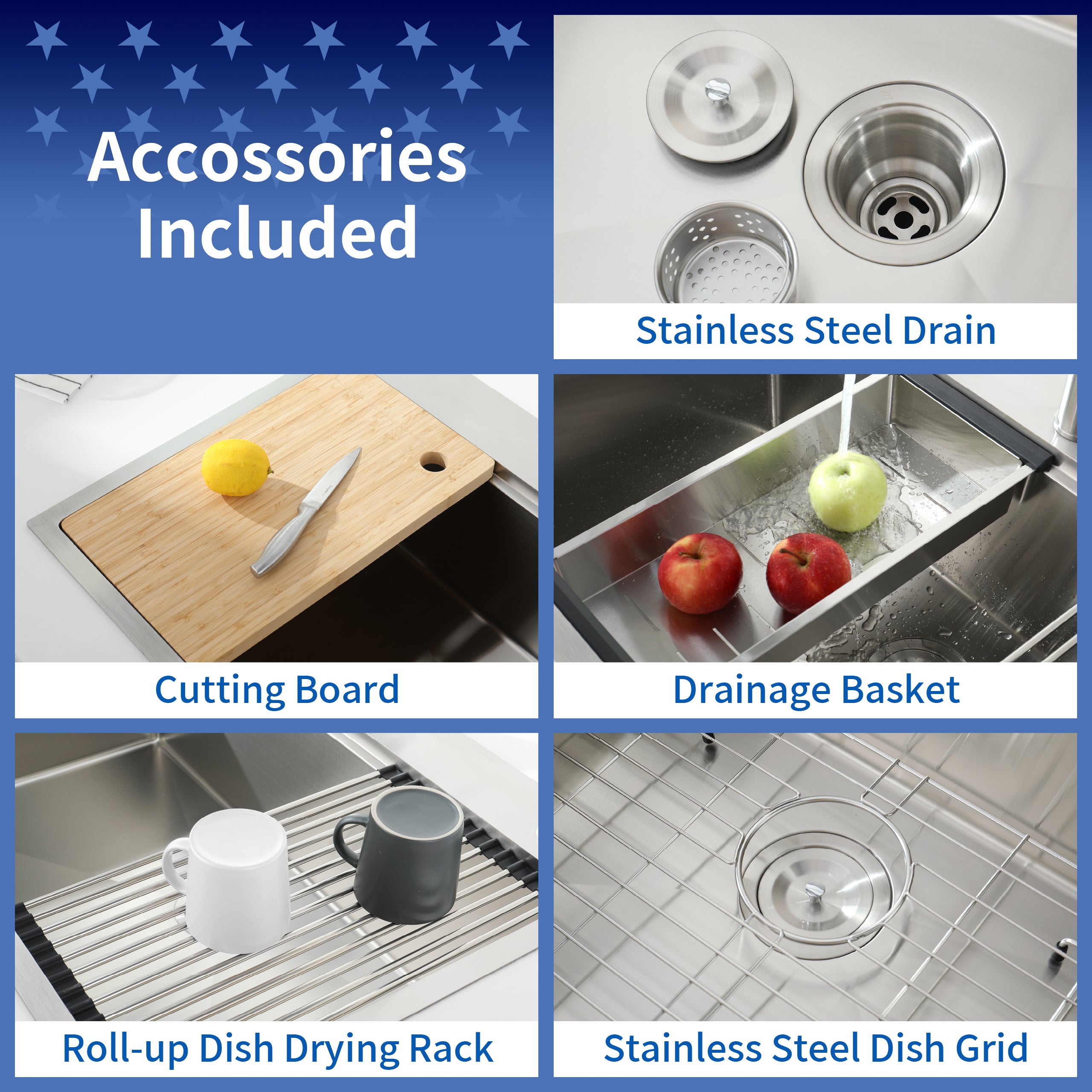 33" x 19" Undermount Single Bowl Workstation Sink, 16 Gauge Stainless Steel