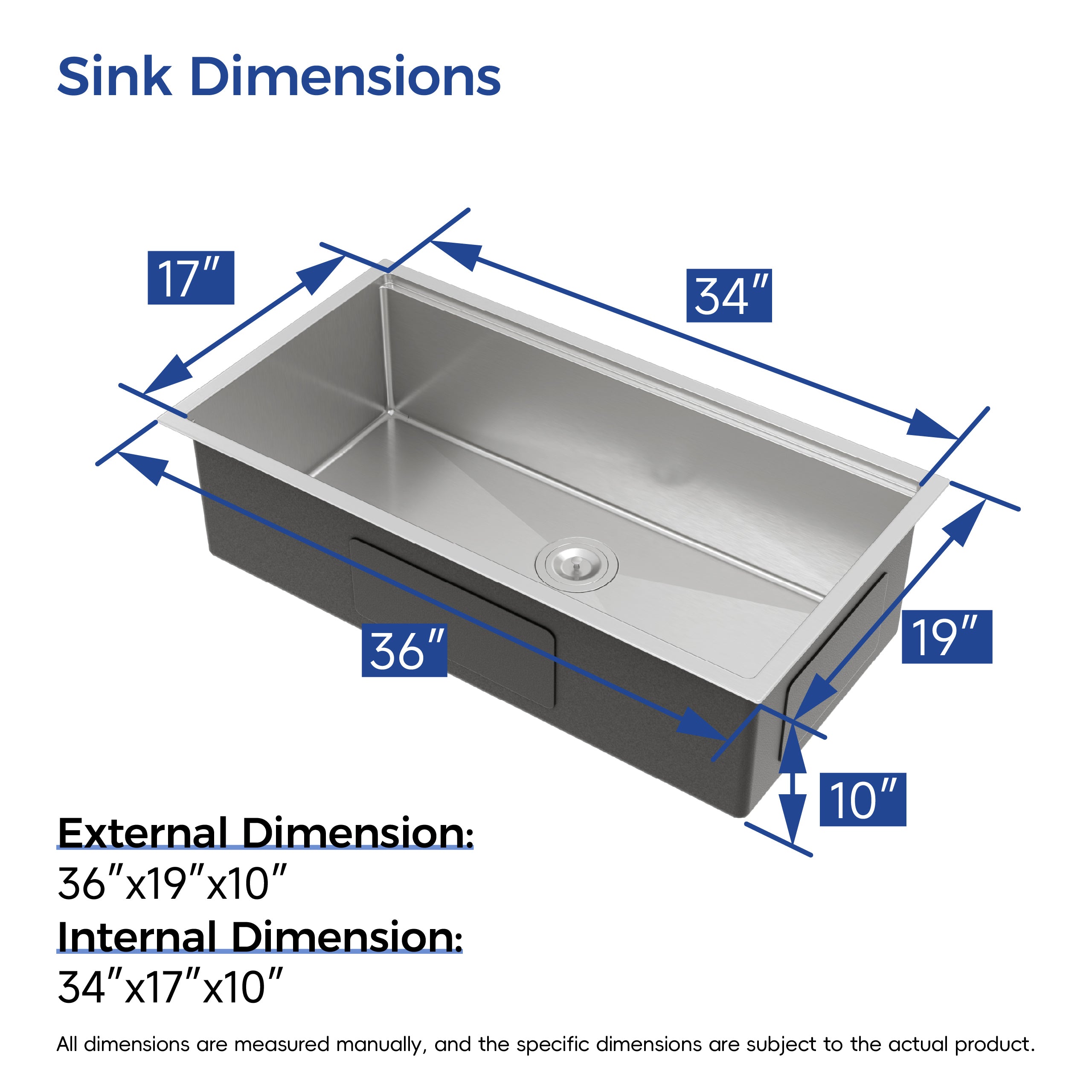 36" x 19" Undermount Single Bowl Workstation Sink, 16 Gauge Stainless Steel