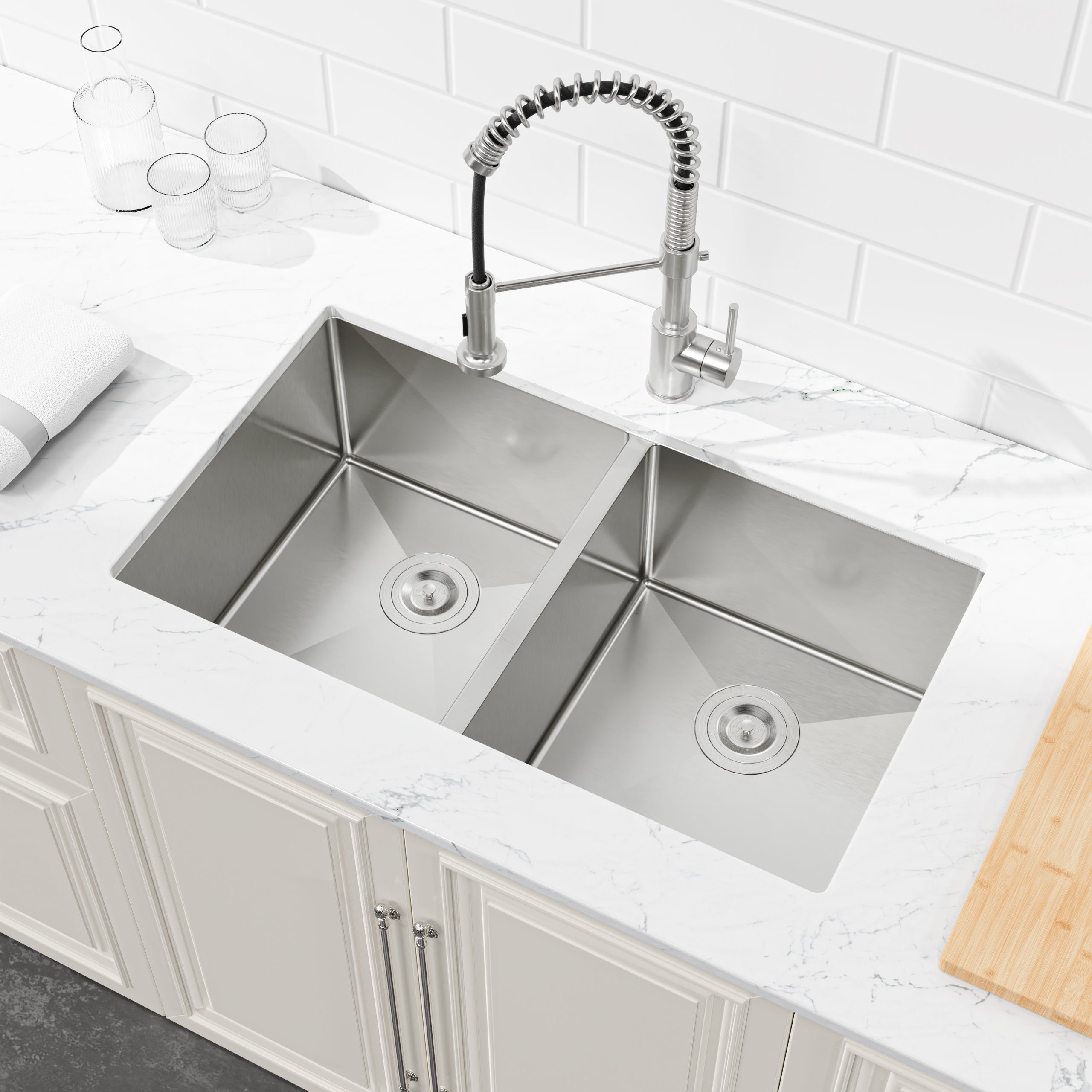 33" x 19" Undermount Double Bowl Handmade Sink, 16 Gauge Stainless Steel