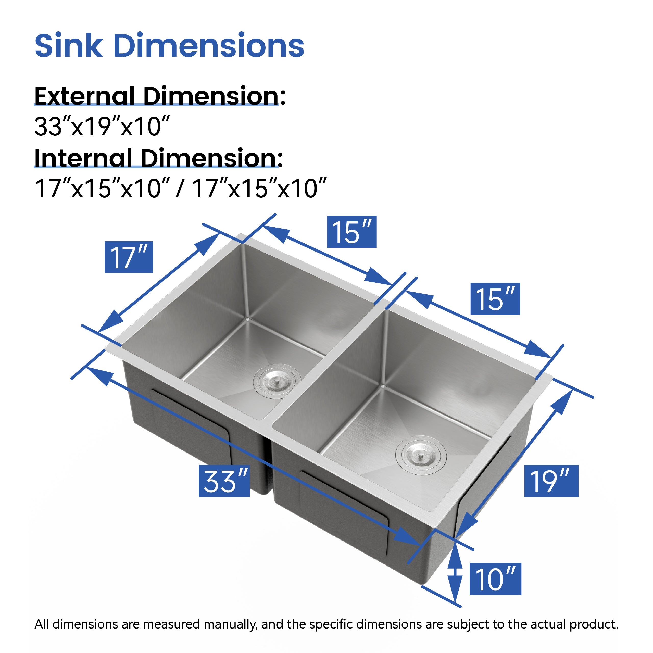 33" x 19" Undermount Double Bowl Handmade Sink, 16 Gauge Stainless Steel