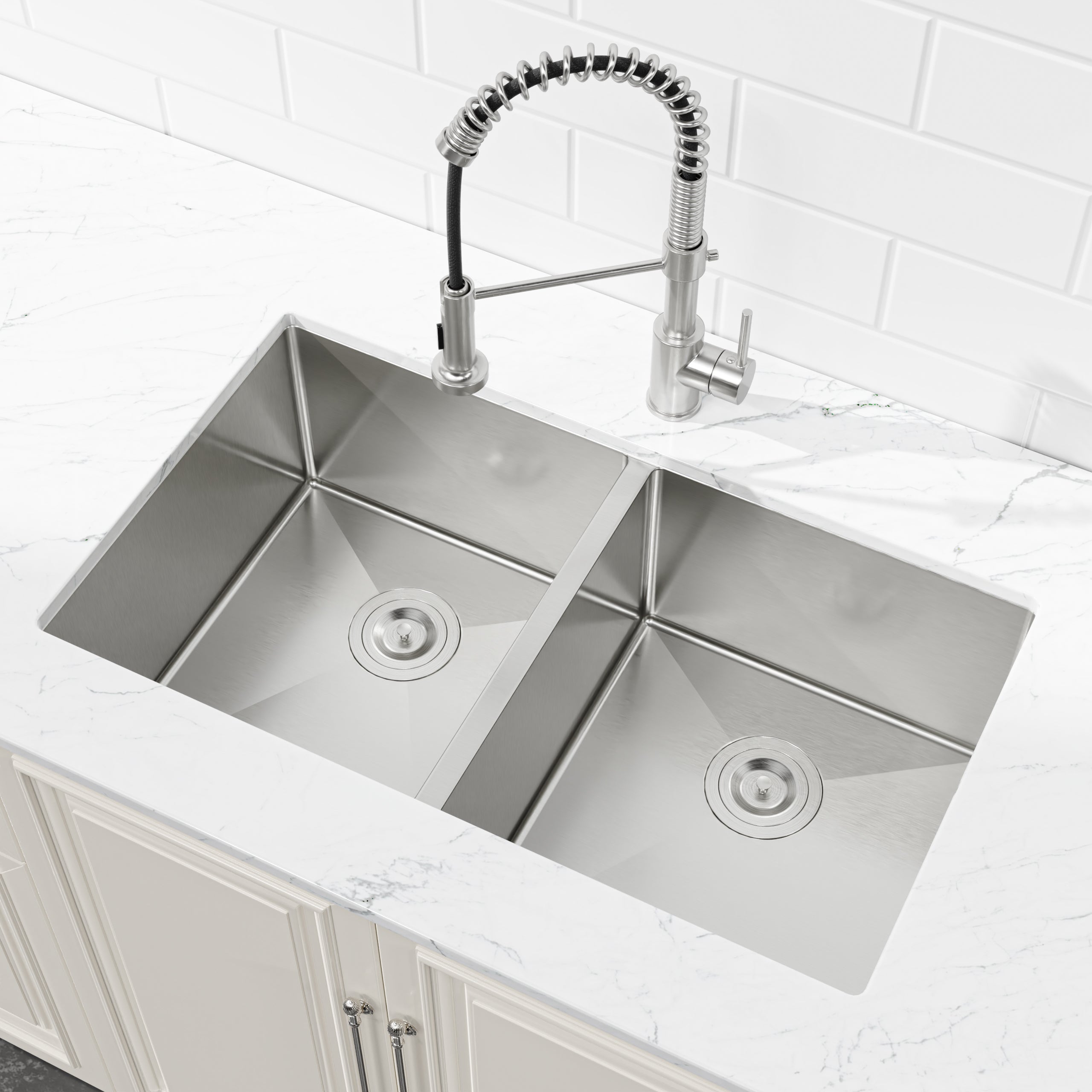 33" x 19" Undermount Double Bowl Handmade Sink, 16 Gauge Stainless Steel