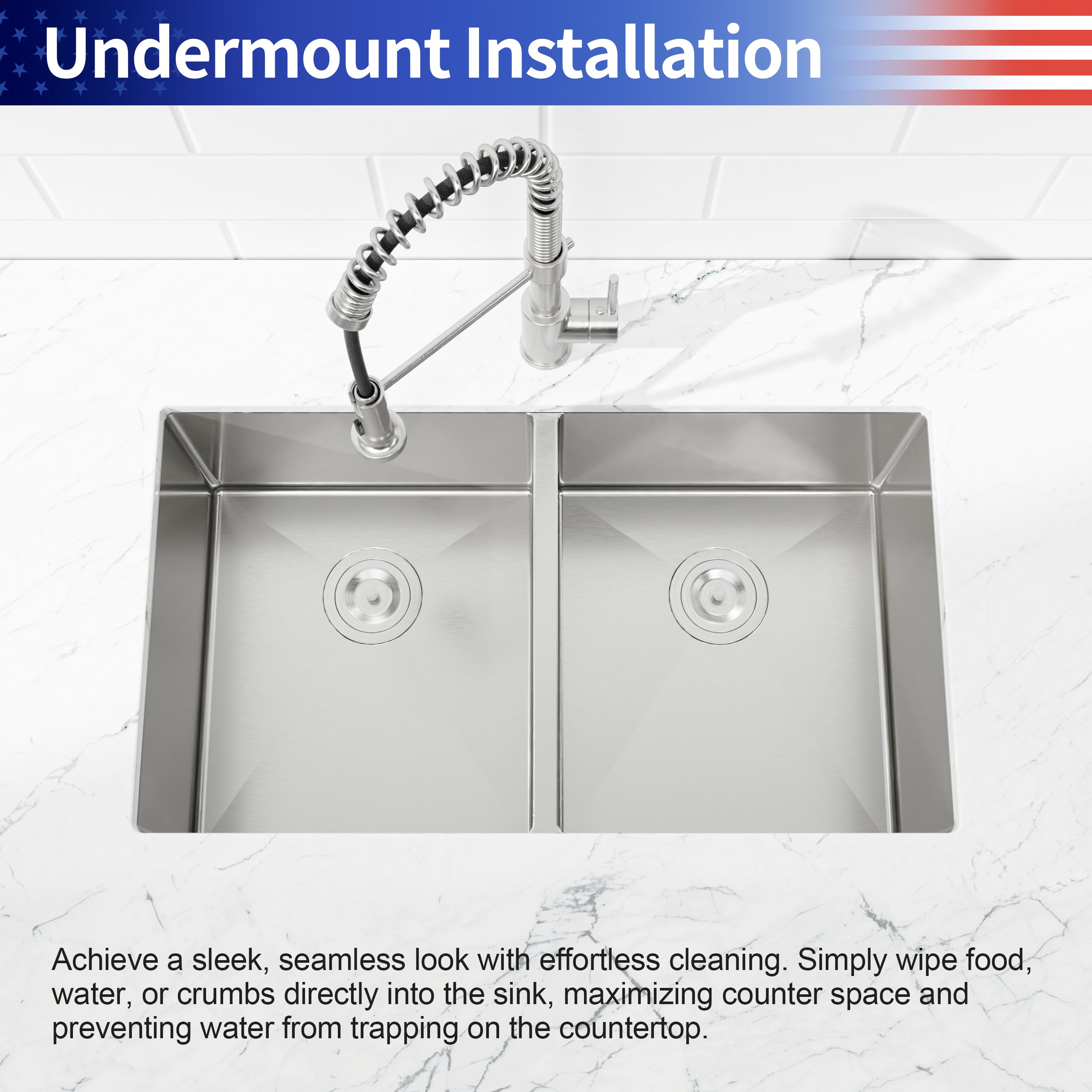 33" x 19" Undermount Double Bowl Handmade Sink, 16 Gauge Stainless Steel