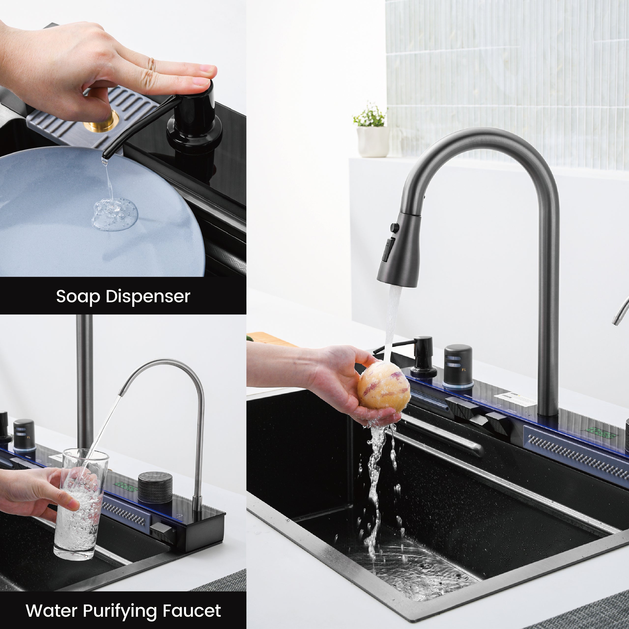 30" x 18" Smart Waterfall Kitchen Sink with Digital Display and Cup Washer