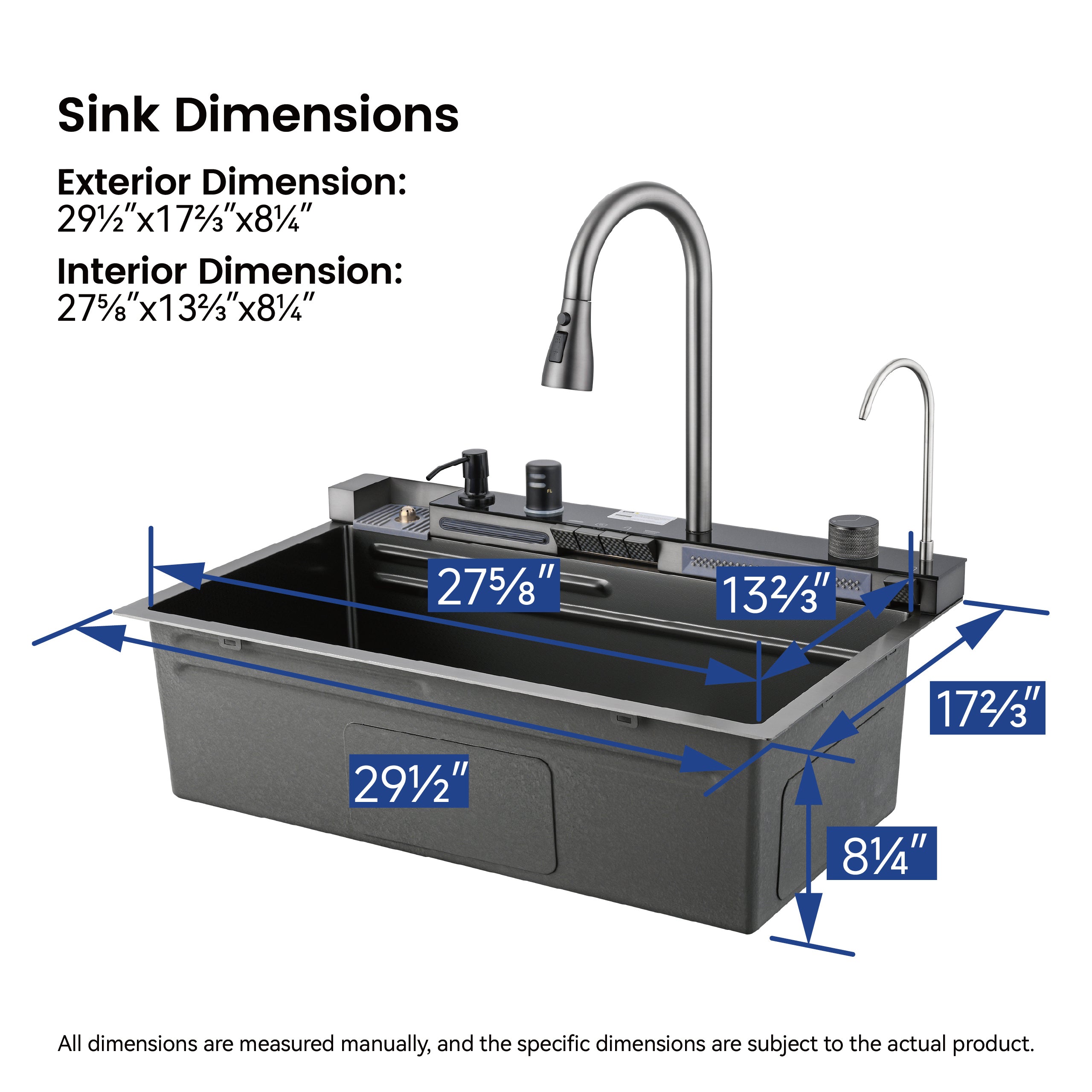 30" x 18" Smart Waterfall Kitchen Sink with Digital Display and Cup Washer