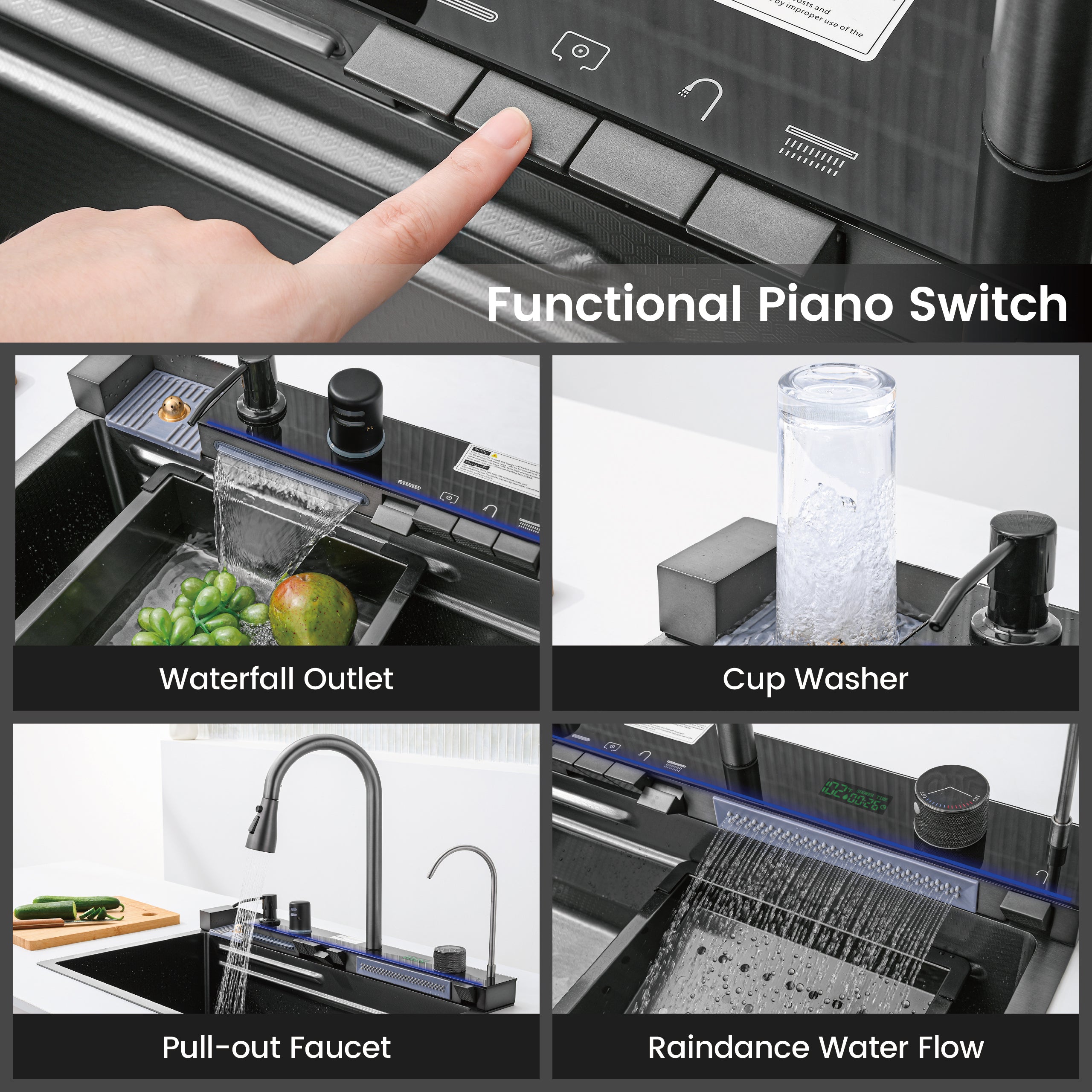 30" x 18" Smart Waterfall Kitchen Sink with Digital Display and Cup Washer