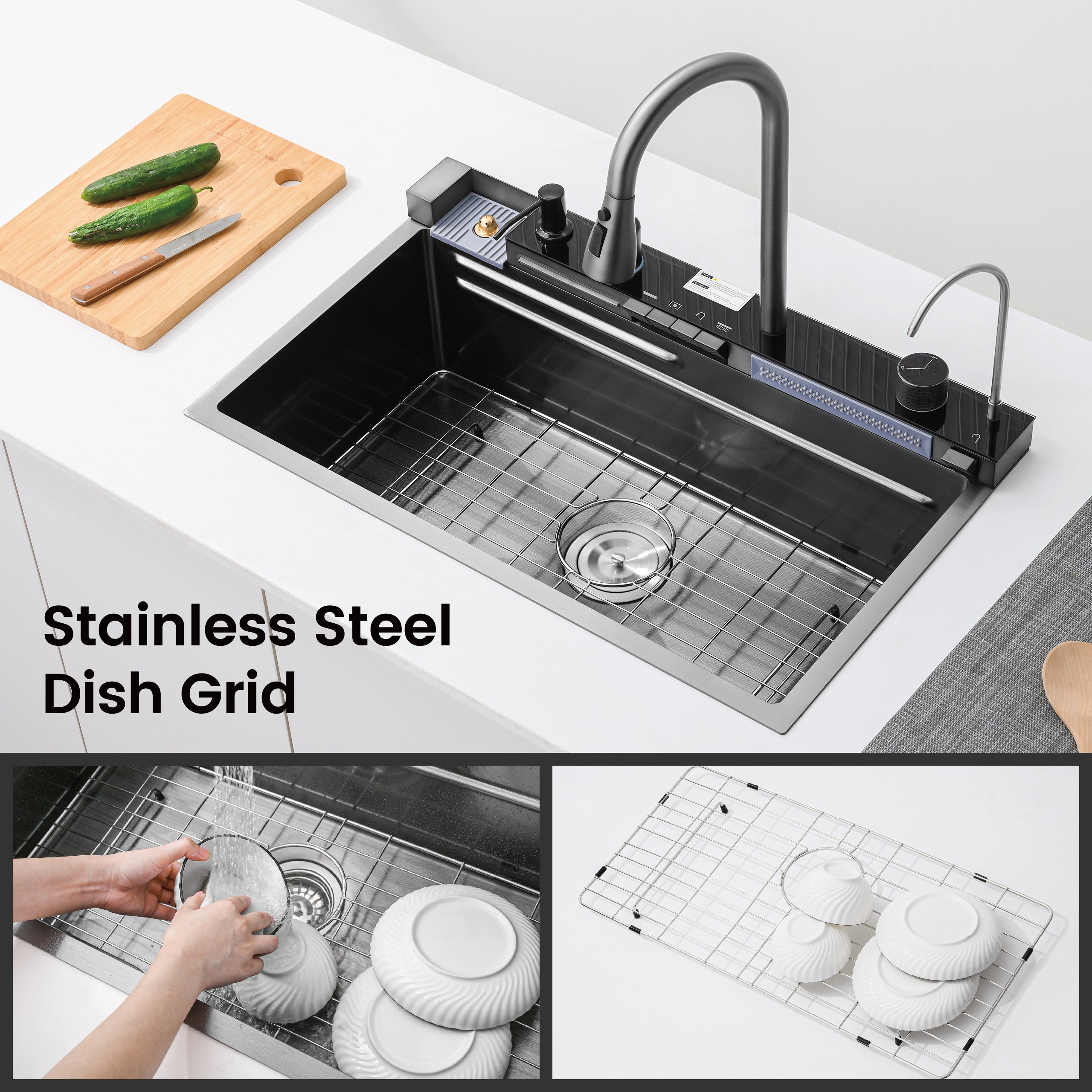30" x 18" Smart Waterfall Kitchen Sink with Digital Display and Cup Washer