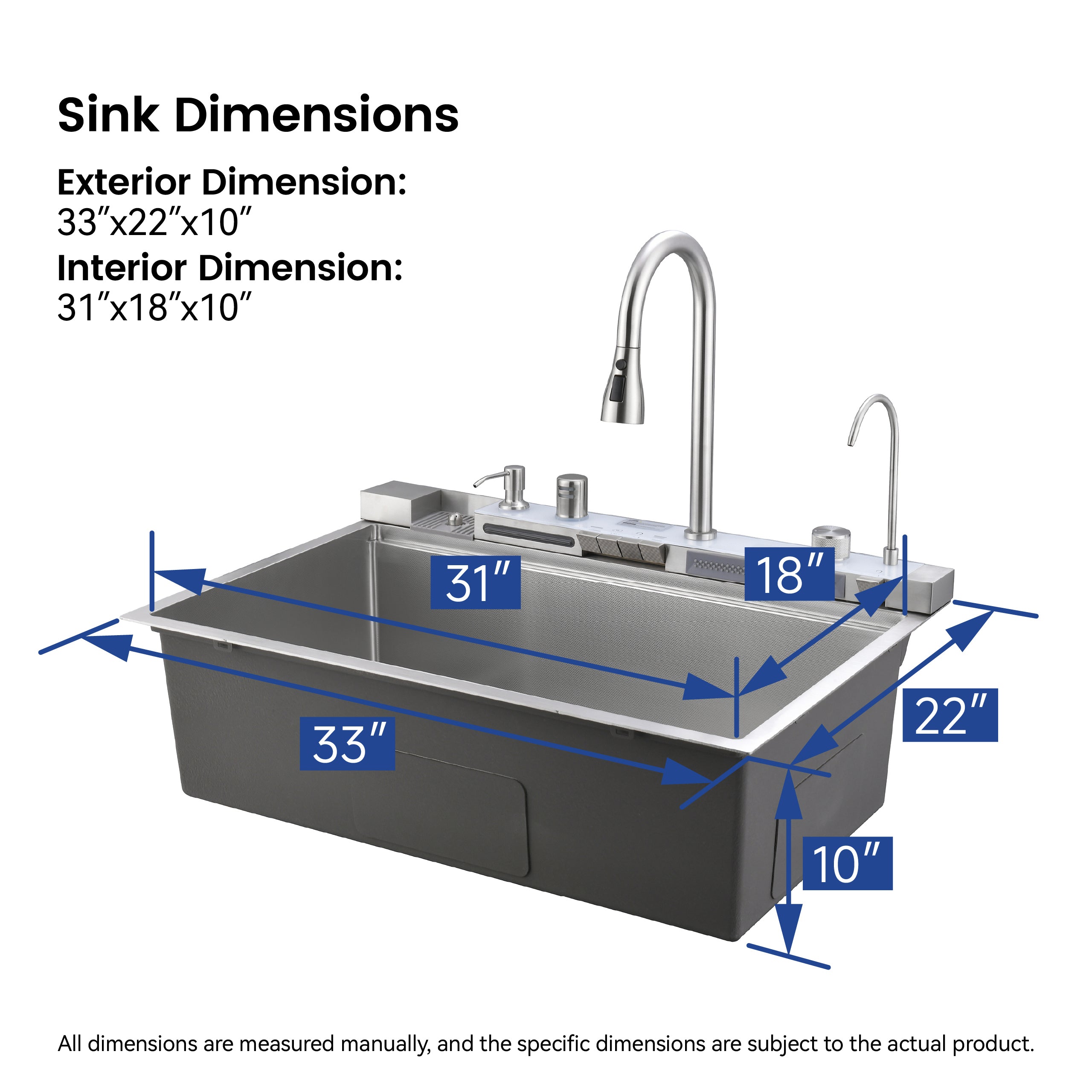 33" x 22" Smart Waterfall Kitchen Sink with Digital Display and Cup Washer