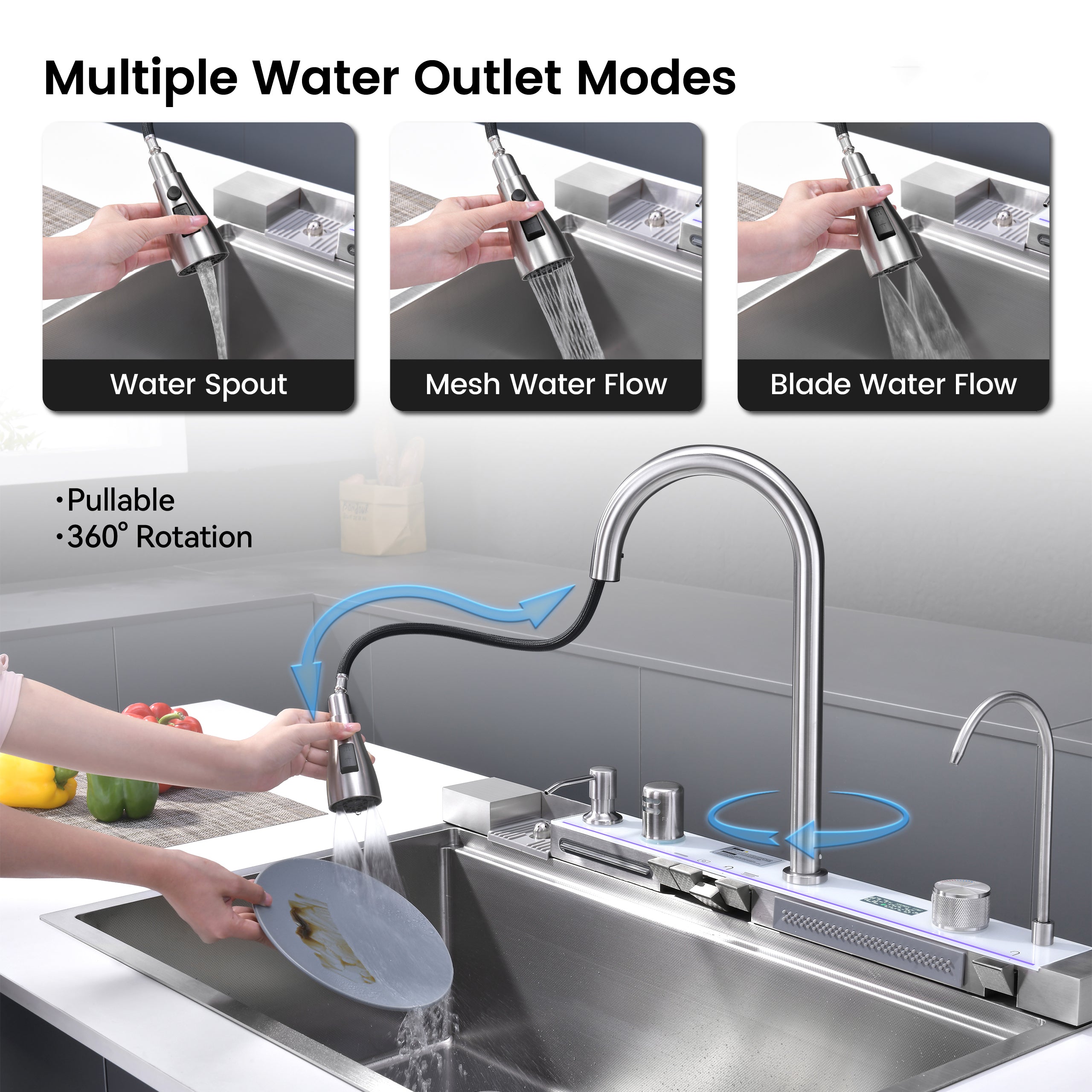 33" x 22" Smart Waterfall Kitchen Sink with Digital Display and Cup Washer